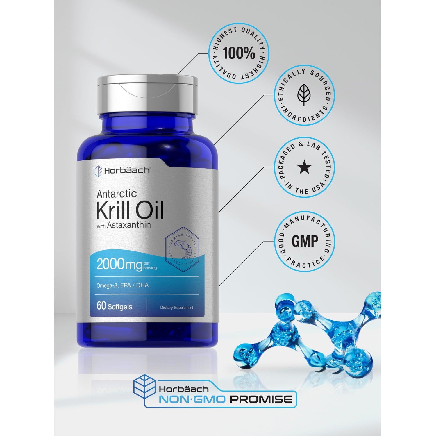 Horbäach Antarctic Krill Oil 2000mg | 60 Softgel Capsules | Omega-3, EPA, DHA Supplement | with Astaxanthin | Non-GMO, Gluten Free