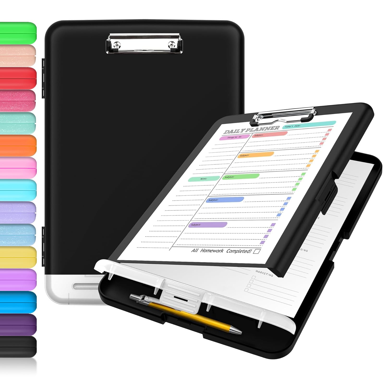 Buy now Sooez Clipboard with Storage, Clip Board 8.5 x 11 with Pen Holder, Plastic Organization Case Box for Letter Legal A4 Size Paper, Low Profile Clip, Nurses Teachers Must Haves, School & Office Supplies Black at indiglob india