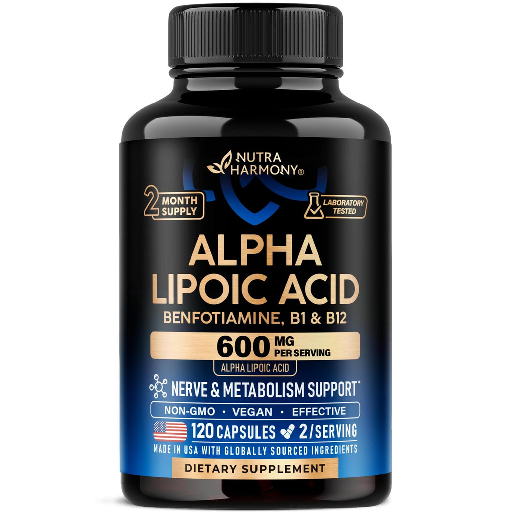 Alpha Lipoic Acid 600mg - ALA Supplement + Benfotiamine B1 & B12 - 120 Caps | Alpha Lipoic Acid - Antioxidant, Nerve, Energy & Metabolism Support for Men & Women - Lab Tested, NON-GMO, Vegan
