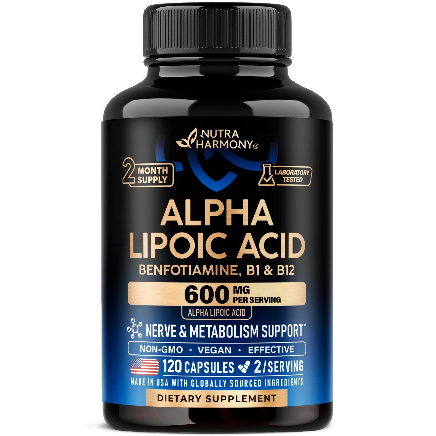 Alpha Lipoic Acid 600mg - ALA Supplement + Benfotiamine B1 & B12 - 120 Caps | Alpha Lipoic Acid - Antioxidant, Nerve, Energy & Metabolism Support for Men & Women - Lab Tested, NON-GMO, Vegan