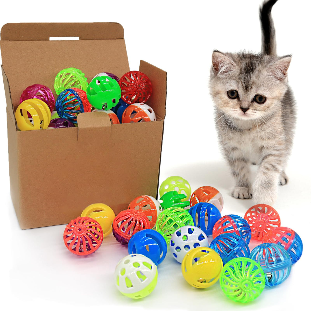 Cat Jingle Balls Toys, 24 Pcs Bell Balls Cat Toys, Lightweight, Interactive, Assorted Colors Ball Toy for Kitten Training and Play