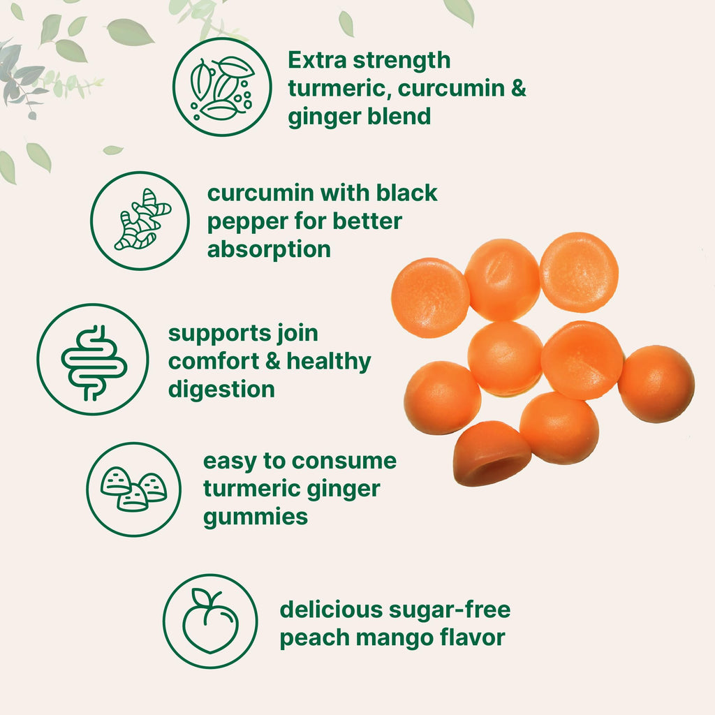 Turmeric Ginger Gummies, 120 Count | Sugar Free Peach Mango Flavored | Extra Strength Curcumin with Black Pepper for Enhanced Absorption | Non-GMO