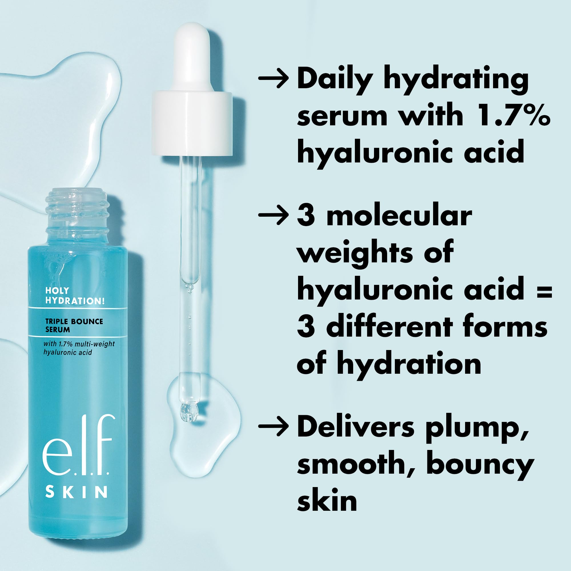 e.l.f. SKIN Holy Hydration! Triple Bounce Serum, 1.7% Hyaluronic Acid Serum For Plump, Bouncy Skin, Moisturizing & Hydrating, Vegan & Cruelty-Free