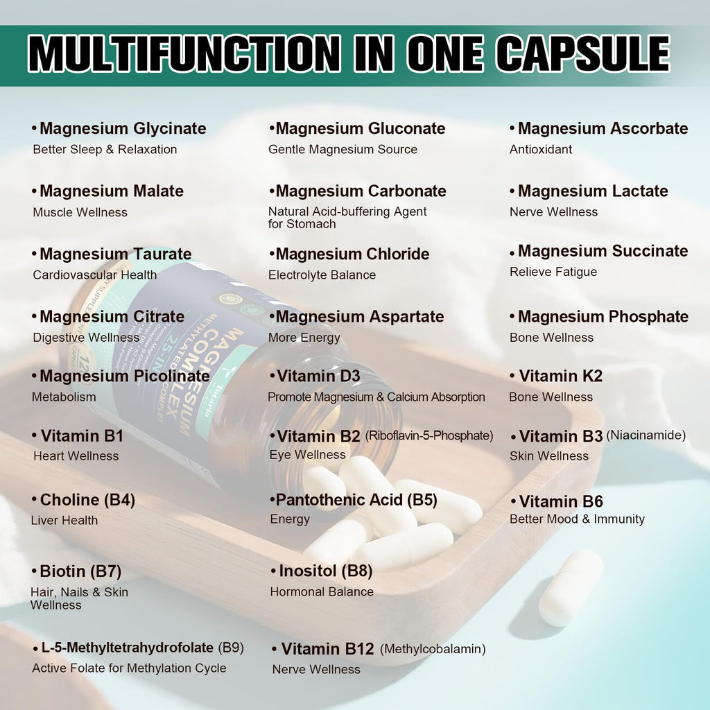 25-in-1 Magnesium Complex with Methylated B Complex, 1000mg Magnesium Complex for Women & Men with Magnesium Glycinate 400mg, 120 Vegan Capsules per Bottle, 2 Bottles