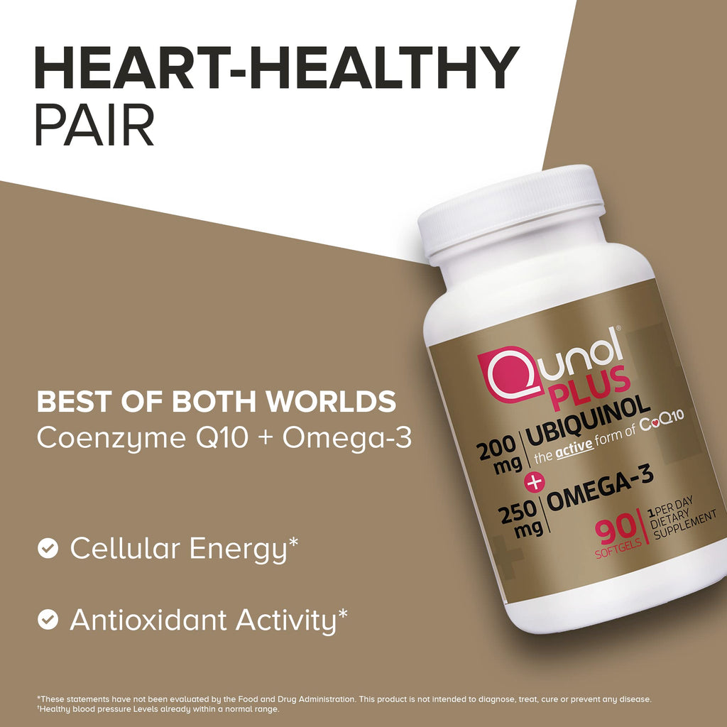 Qunol Ubiquinol 200mg + Omega-3 250mg, Extra Strength Antioxidant, 90ct | #1 Cardiologist Recommended Supplement for Heart Health, Coenzyme Q10 Supplement to support Vascular Health & Cellular Energy