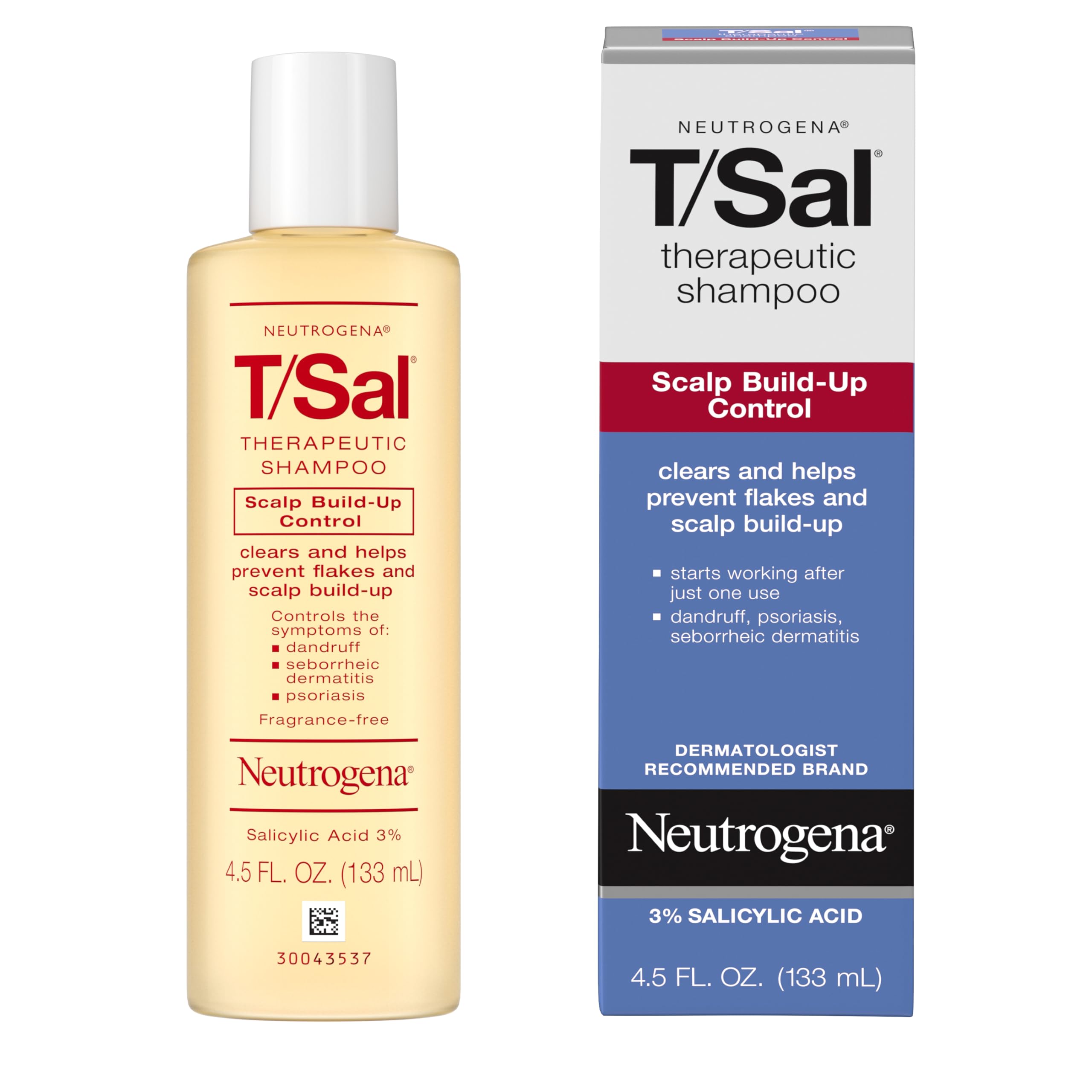 Neutrogena T/Sal Therapeutic Dandruff Shampoo, Scalp Build-Up Control, 3% Salicylic Acid,Psoriasis Treatment, Seborrheic Dermatitis Shampoo, Clears Flakes, Fragrance Free, 4.5 fl oz