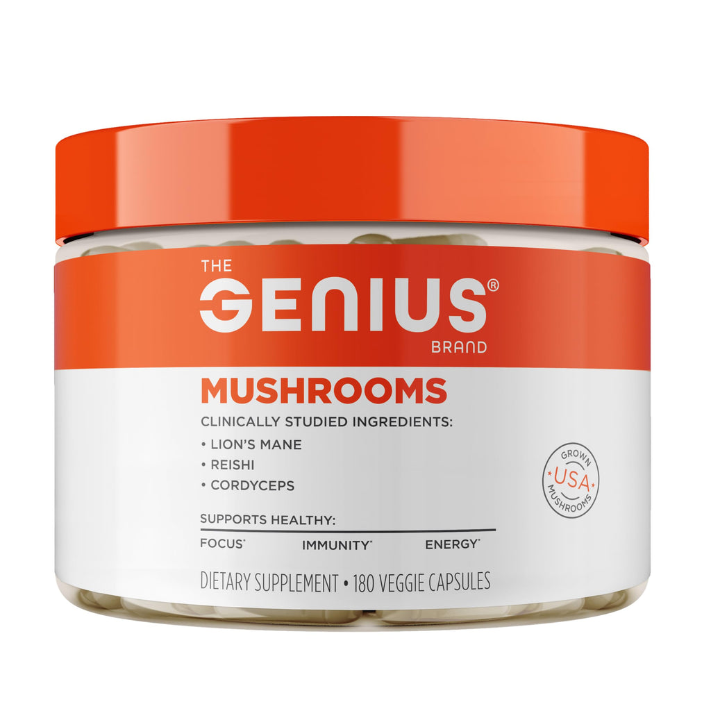 The Genius Brand Mushrooms, 90 Veggie Capsules | Organic Lion's Mane, Cordyceps and Reishi for Immune, Focus and Energy Support, Vegan and Non-GMO Capsules