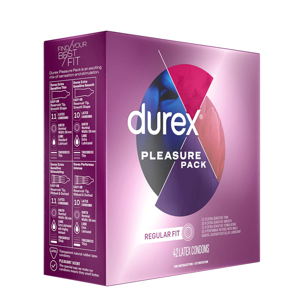 Durex Pleasure Pack Assorted Thin Condoms, Exciting Mix of Sensation and Stimulation, Lubricated Natural Rubber Latex Condoms for Men, 42 Count