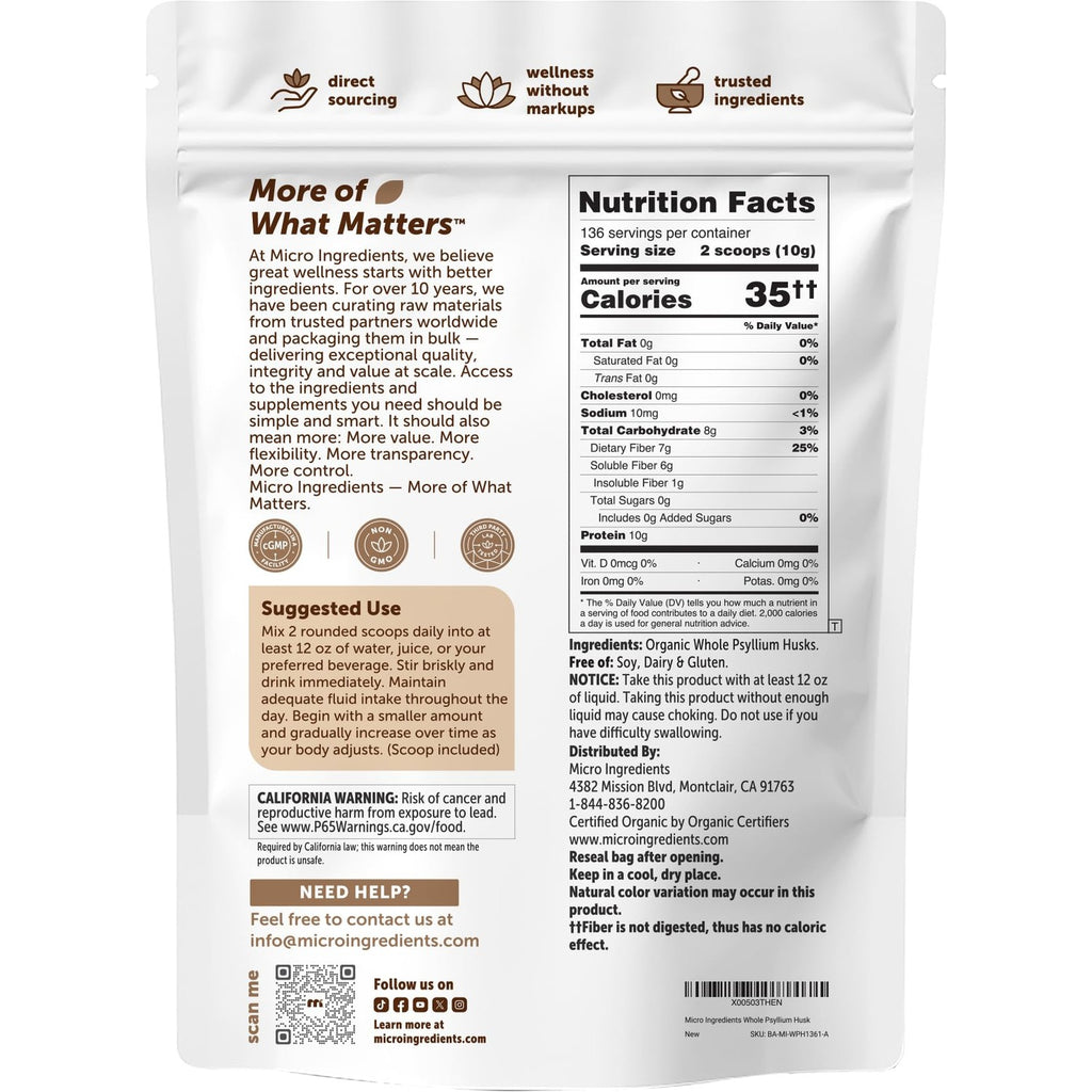 Micro Ingredients Organic Whole Psyllium Husks, 3lbs | Daily Soluble Fiber Supplement | Sourced from India | Ideal for Oatmeal, Coffee & Beverage | Unflavored, Non-GMO, Keto Friendly, Vegan