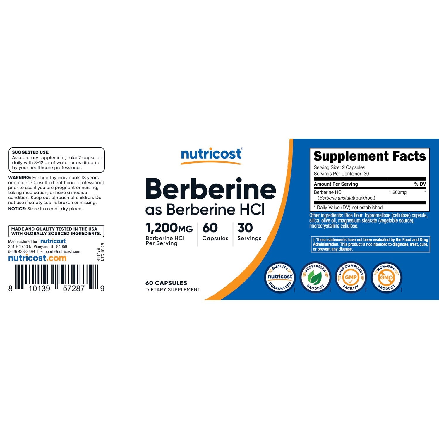 Nutricost Berberine HCl (1,200mg) 60 Capsules, 30 Servings | Gluten Free & GMO-Free
