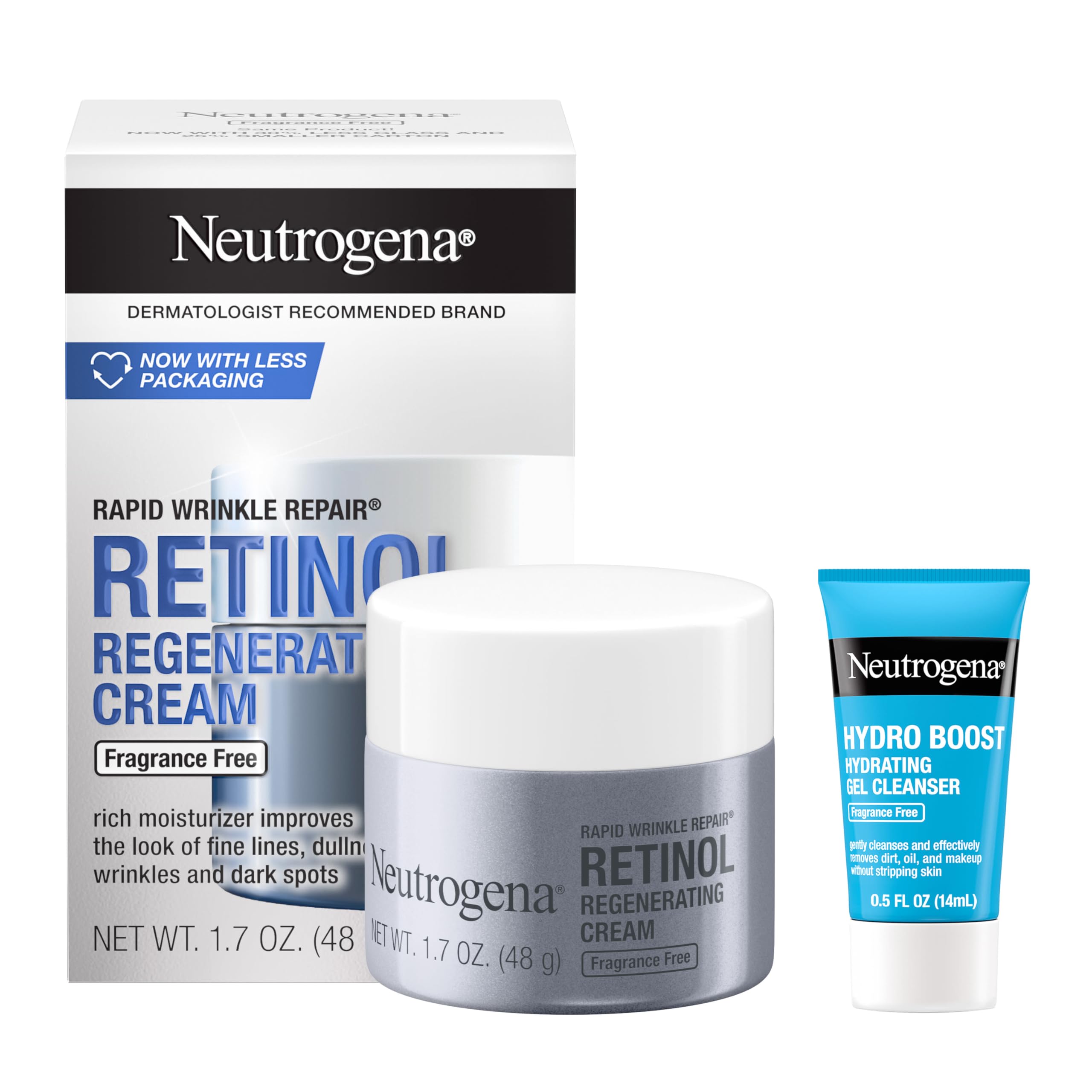Buy now Neutrogena Rapid Wrinkle Repair Retinol Face Moisturizer, Fragrance Free, Anti-Aging Face Cream with Retinol & Hyaluronic Acid, 1.7 oz + Trial Size Hydro Boost Facial Cleanser, 0.5 fl. oz at indiglob india
