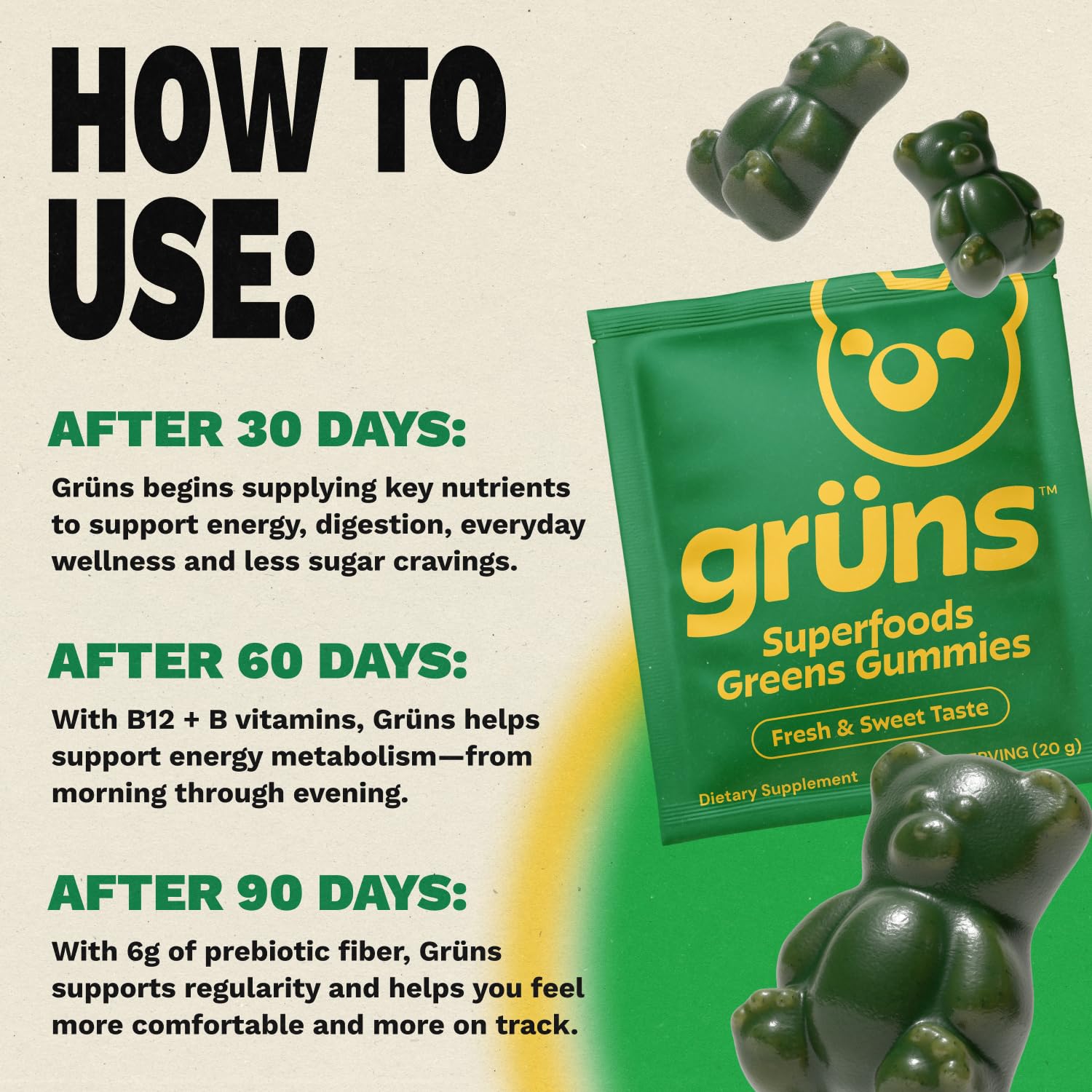 Adult Greens Gummies & Daily Multivitamin, Prebiotic Fiber, 10 ct | Daily Supplement for Men and Women with Vitamins, Minerals, Adaptogens, and Fiber
