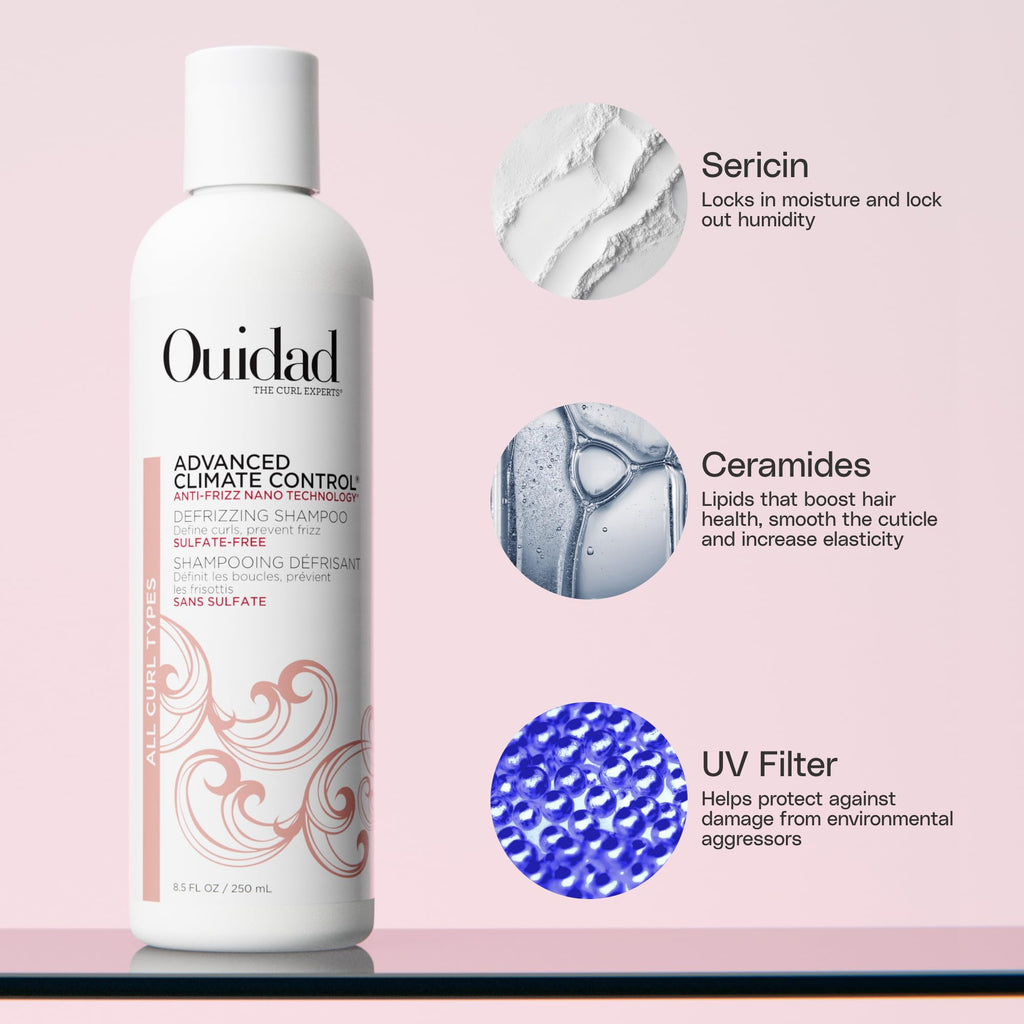 Ouidad Frizz-Free Wash Day Hair Care Kit for Curly Hair, Anti-Frizz Advanced Climate Control Shampoo, Conditioner & Gel, Defines Curls, Fights Humidity, Adds Shine – Includes Canvas Bag, 3-Piece Set