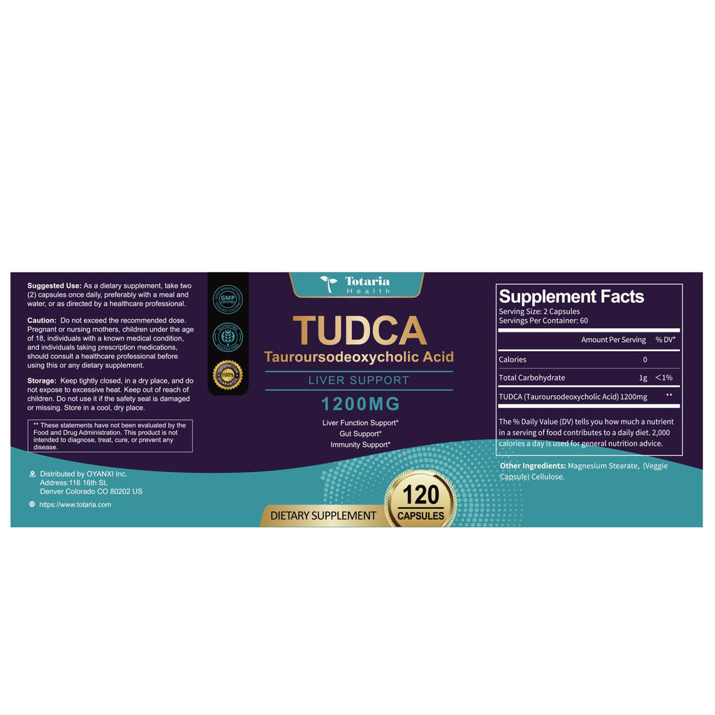 Totaria TUDCA Bile Salts 1200mg (Tauroursodeoxycholic Acid), 120 Capsules, Ultra Strength Pure TUDCA Liver Supplements, Liver and Gallbladder Cleanse & Repair, Vegan