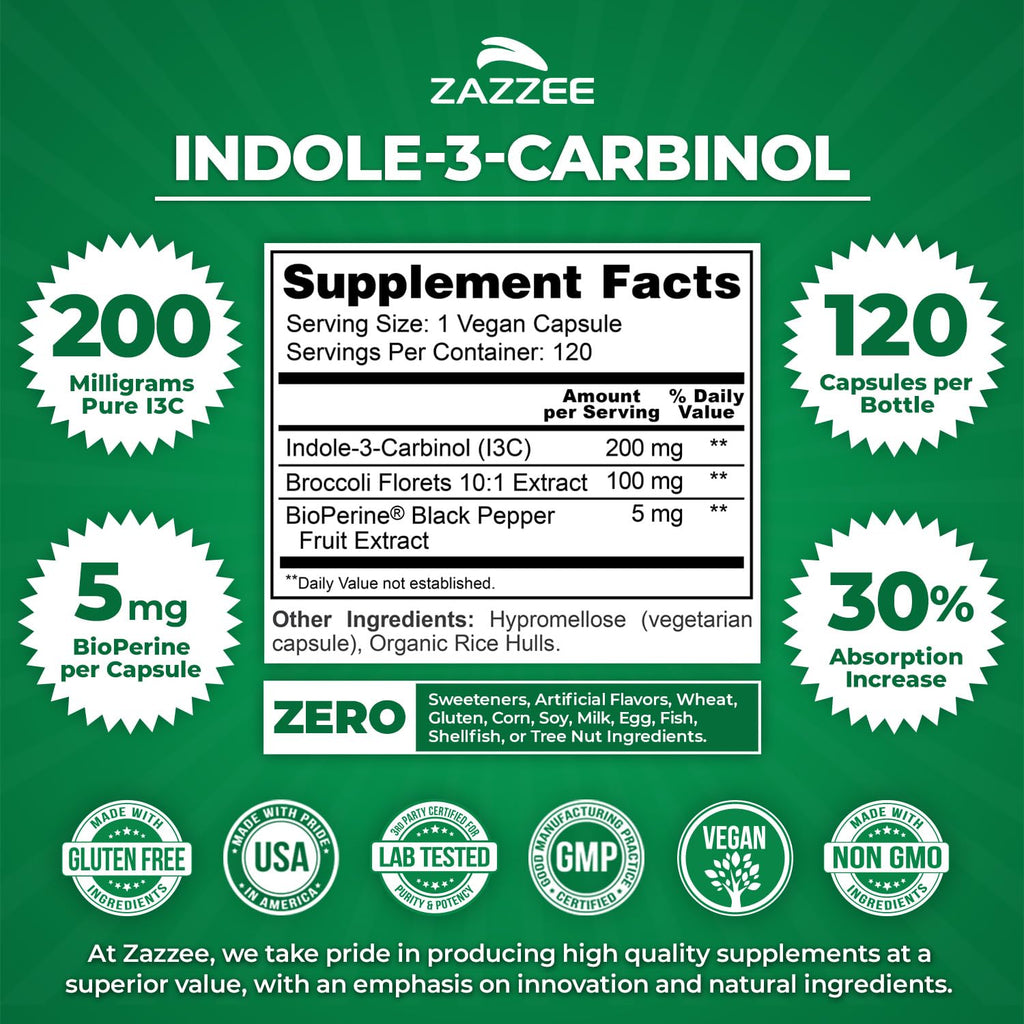 Zazzee High Absorption Indole-3-Carbinol (I3C), 200 mg per Capsule, Vegan
