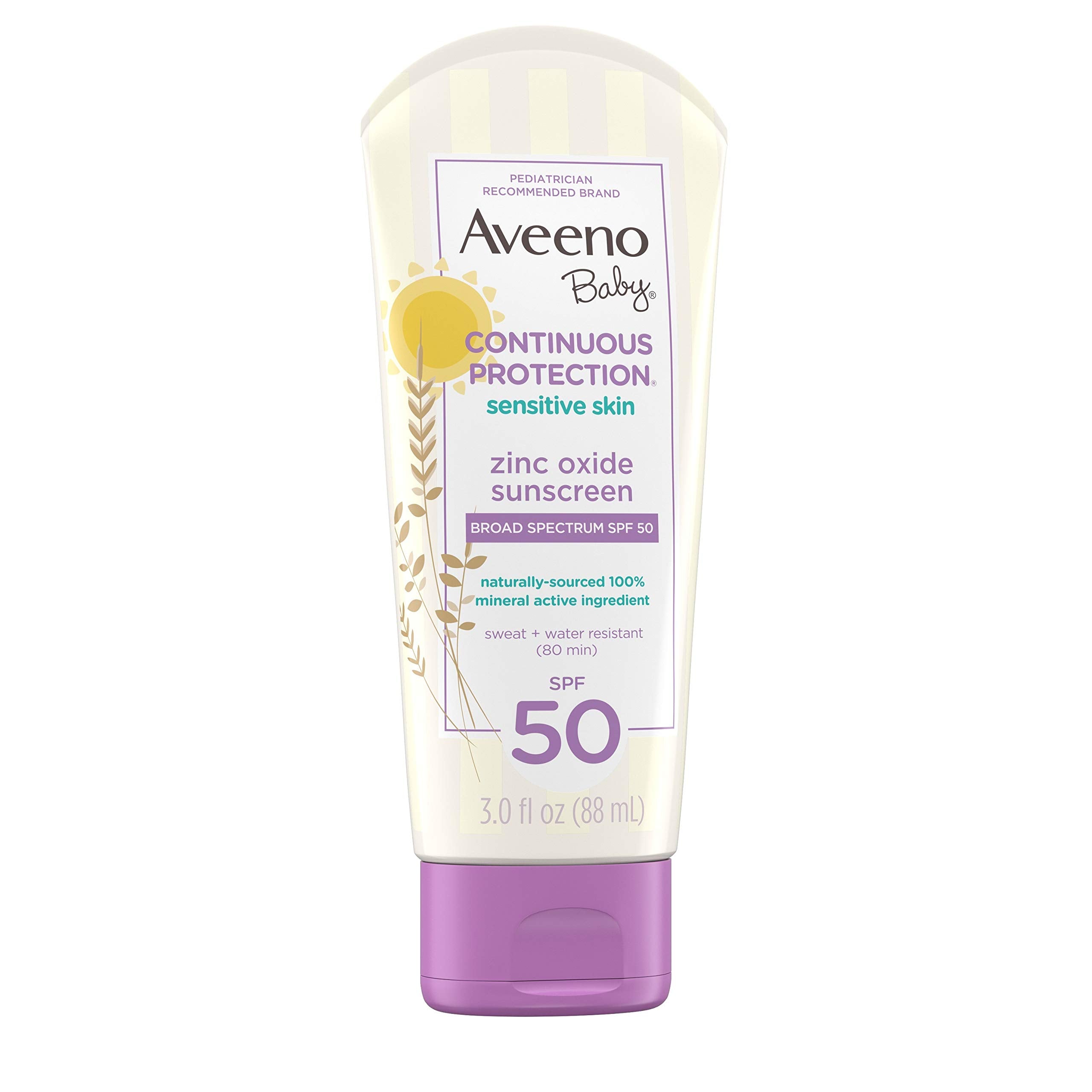 Aveeno Baby Continuous Protection Zinc Oxide SPF 50 Sunscreen for Babies with Sensitive Skin, Broad Spectrum Sun Protection, Tear-Free, Sweat- & Water-Resistant, No added Parabens, 3 Fl Oz