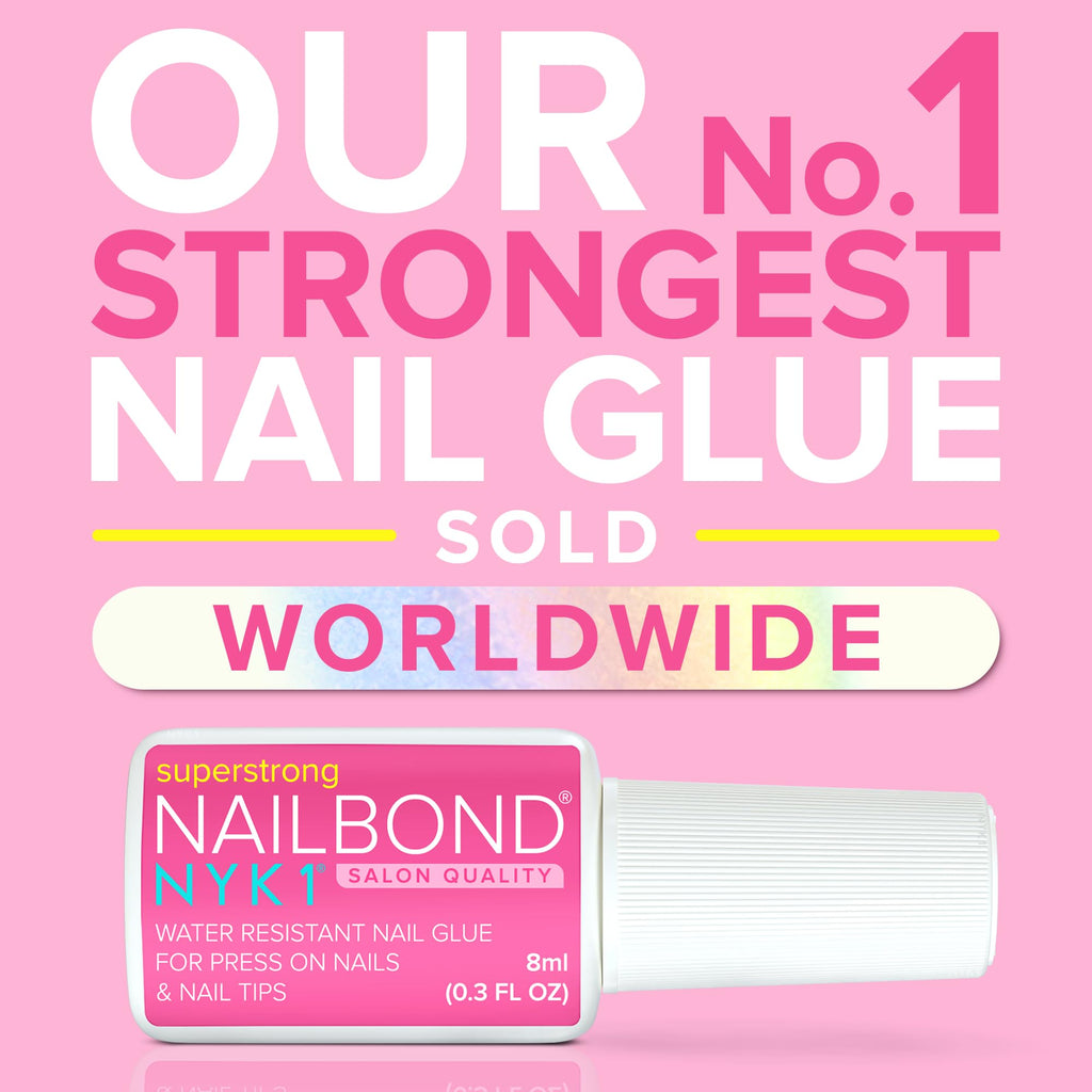 NYK1 Super Strong Nail Glue for Press On Nails, Nail Tips & Acrylics | 8ml | NailBond Brush On Nail Glue for Press Ons, Fake Nails & Acrylic Nails - Long Lasting, Max Strength, Mess-Free Application