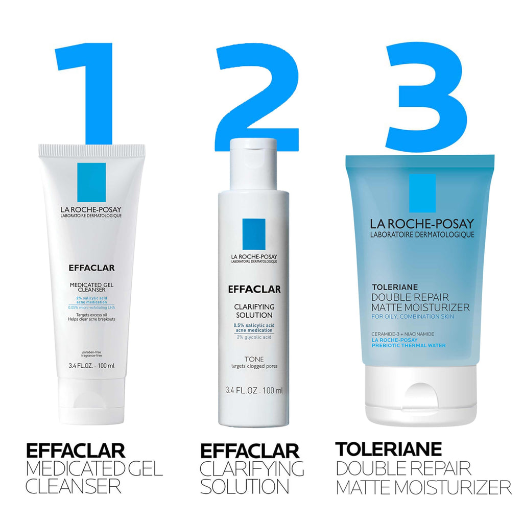 La Roche-Posay Effaclar Daily Acne Kit with Cleanser, Toner & Moisturizer | Salicylic acid acne cleanser, pore refining toner, and matte face moisturizer for oily and combination skin. Oil-free.