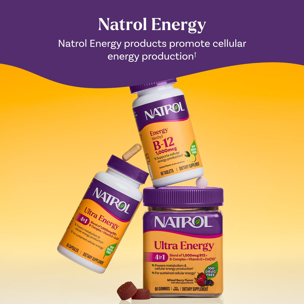 Natrol Ultra Energy 4-in-1, B12, B Complex, Vitamin D, CoQ10, 60 Gummies