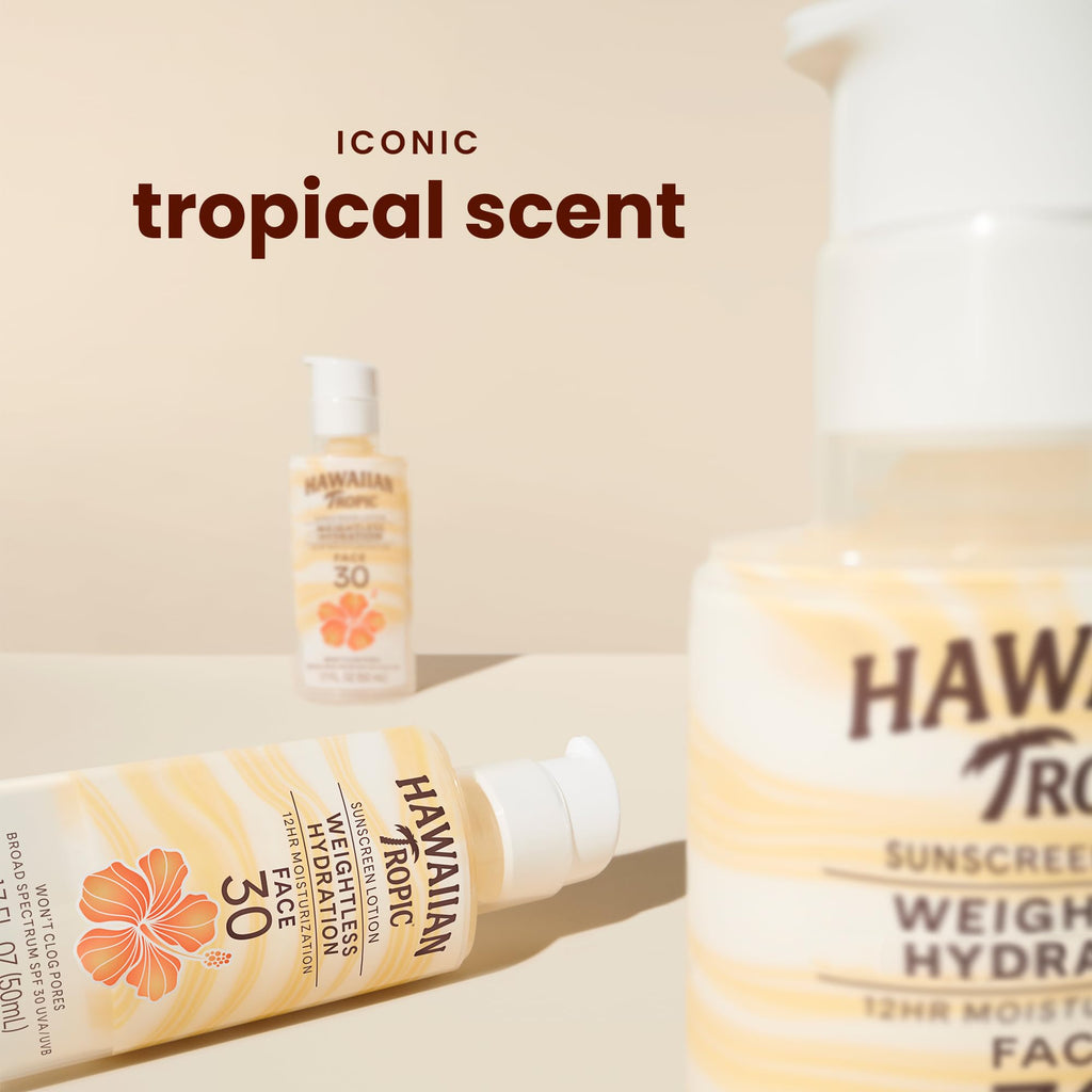 Hawaiian Tropic Weightless Hydration SPF 30 Face Sunscreen, 1.7 Fl Oz | Lightweight hydrating lotion, Travel size sunscreen for face, Non-comedogenic sunblock, Layers under makeup
