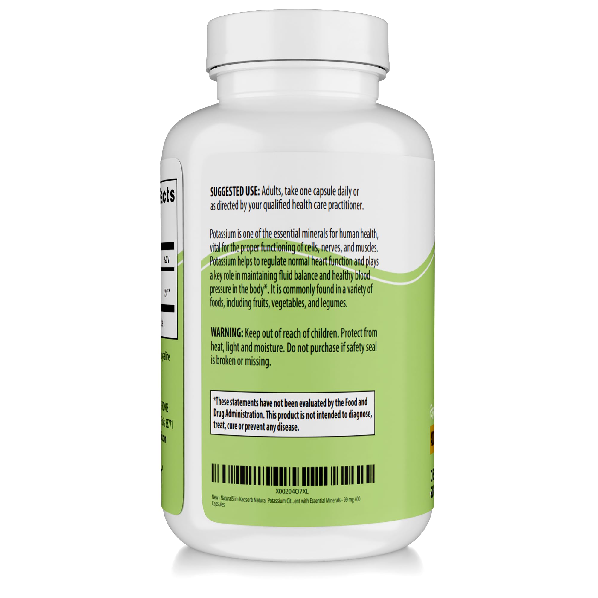 NaturalSlim Kadsorb Potassium Citrate Gluconate 99 mg, 400 Capsules 1 Pack | Supports Electrolyte Balance and Normal pH, Absorbable Potassium Supplements with Essential Minerals, Non GMO