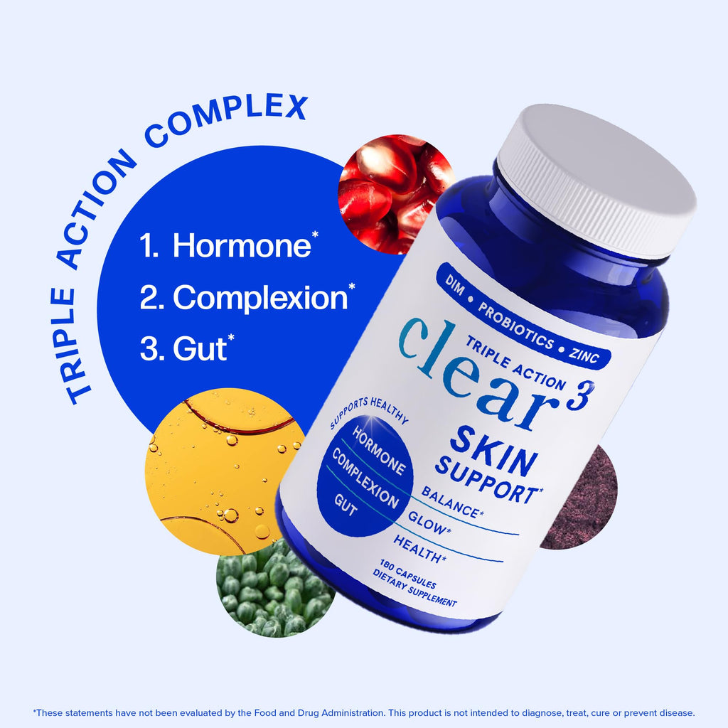 Clear Skin Supplement Acne Support, Zinc DIM, Probiotics, Doctor-Formulated | 3-in-1 Hormone, Gut & Complexion Support, Triple Action Hyaluronic Acid & Vitamins for Skin Balance and Glow, 180 Capsules