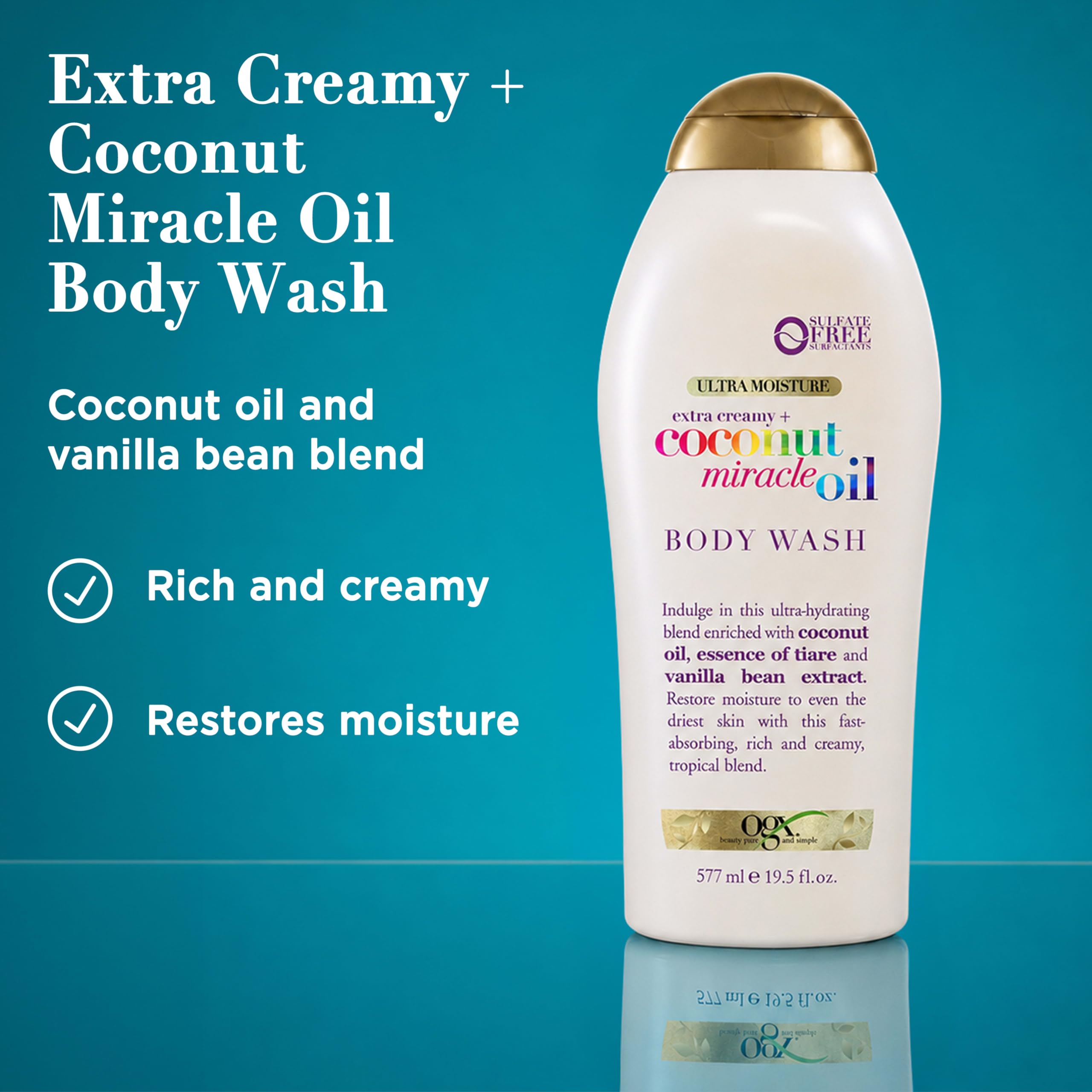 OGX Extra Creamy + Coconut Miracle Oil Ultra Moisture Body Wash, Rich Shower Gel for Dry Skin Infused with Coconut Oil, Body Wash for Women, Sulfate-Free Surfactants, 19.5 fl. oz
