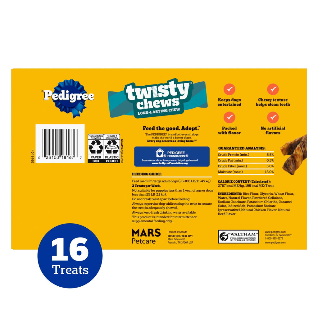 Pedigree Twisty Chews Medium/Large Dog Treats, Chicken & Beef, 16 Count