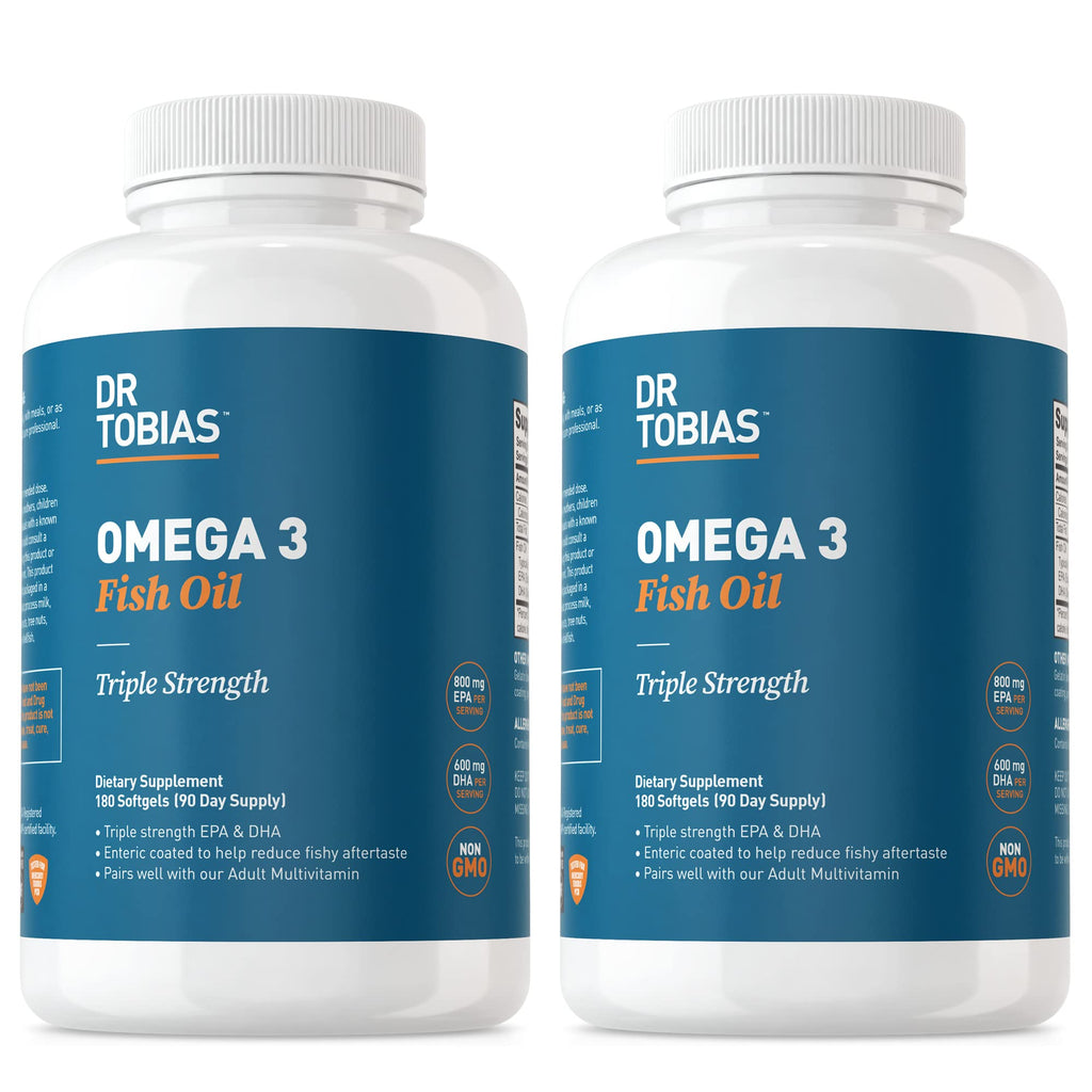 Dr. Tobias Omega 3 Fish Oil 2000mg Triple Strength | 180 Softgels | Heart, Brain & Joint Support | 2,000 mg Fish Oil | 800 mg EPA + 600 mg DHA | Delayed Release Omega 3 Supplement | 90 Servings