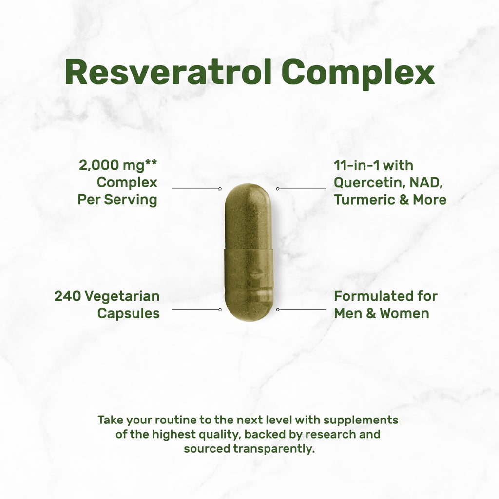 DEAL SUPPLEMENT Resveratrol Complex, 240 Veggie Capsules – Trans-Resveratrol Supplement with NAD, Quercetin, Turmeric, CoQ10, & More | Non-GMO, Gluten Free