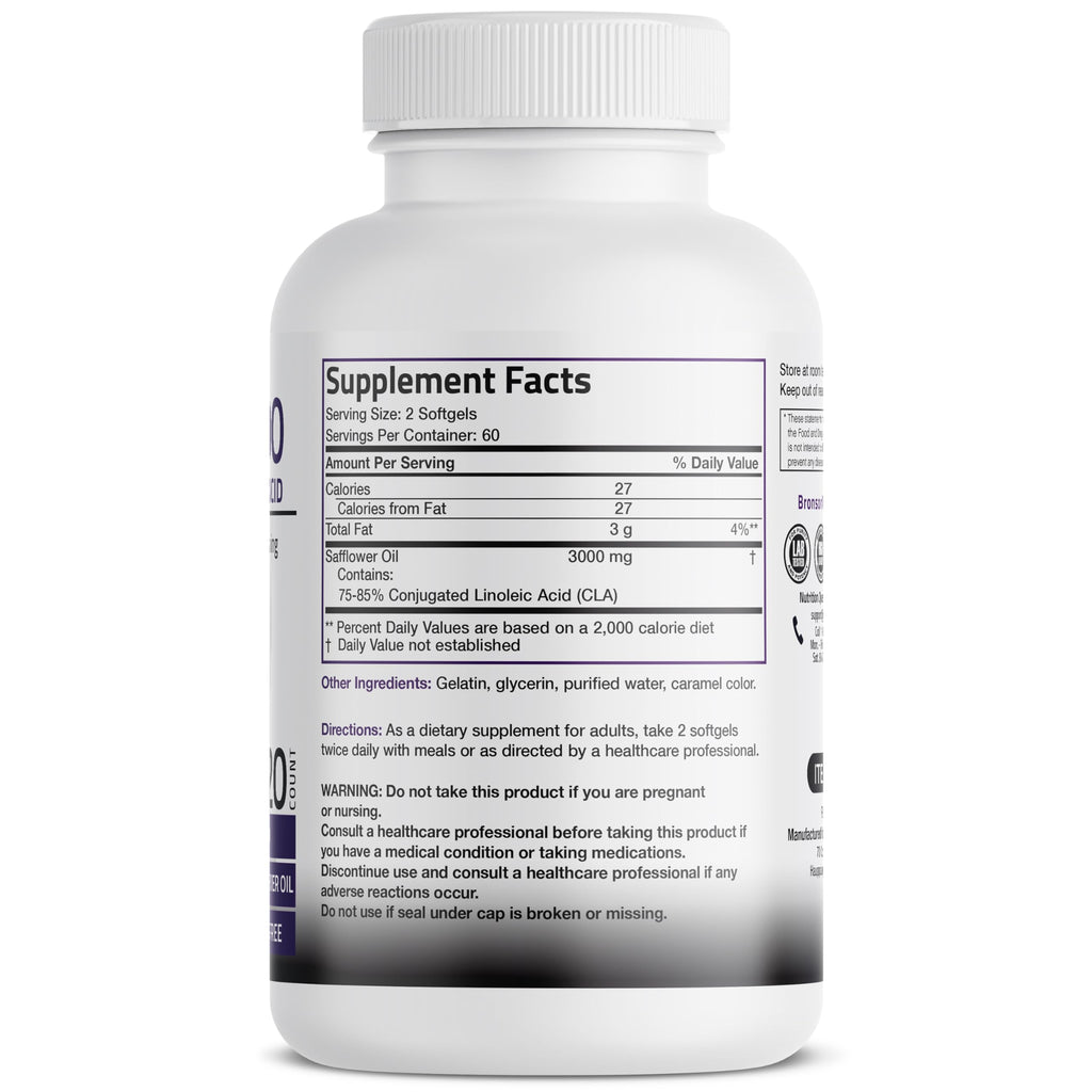 Bronson CLA 3000 Extra High Potency Weight Management Support, 120 Softgels | 2250 mg Active CLA per Serving, Non-Stimulating, 100% Safflower Oil, Lean Body Mass Support, Non-GMO