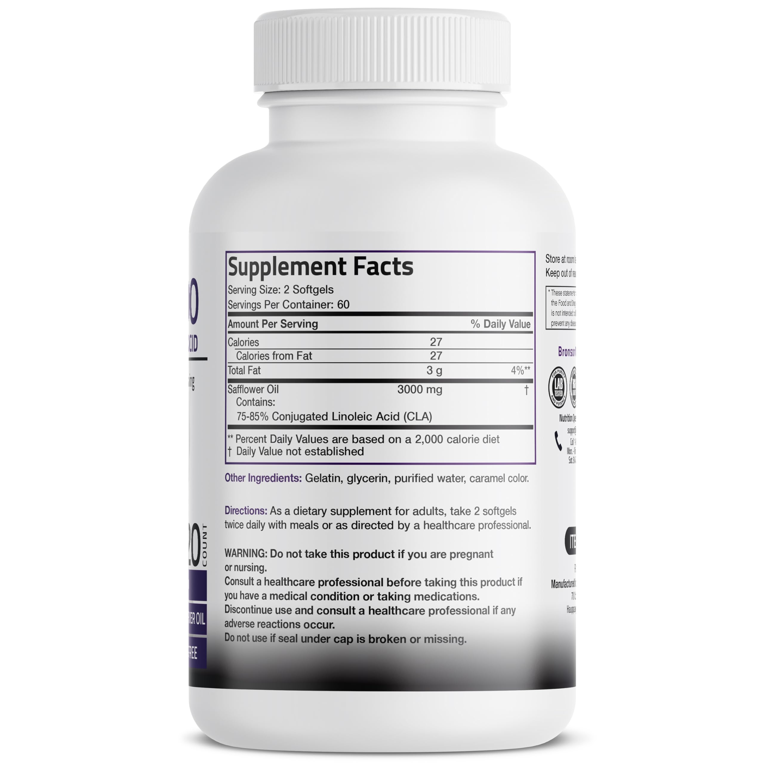 Bronson CLA 3000 Extra High Potency Weight Management Support, 120 Softgels | 2250 mg Active CLA per Serving, Non-Stimulating, 100% Safflower Oil, Lean Body Mass Support, Non-GMO