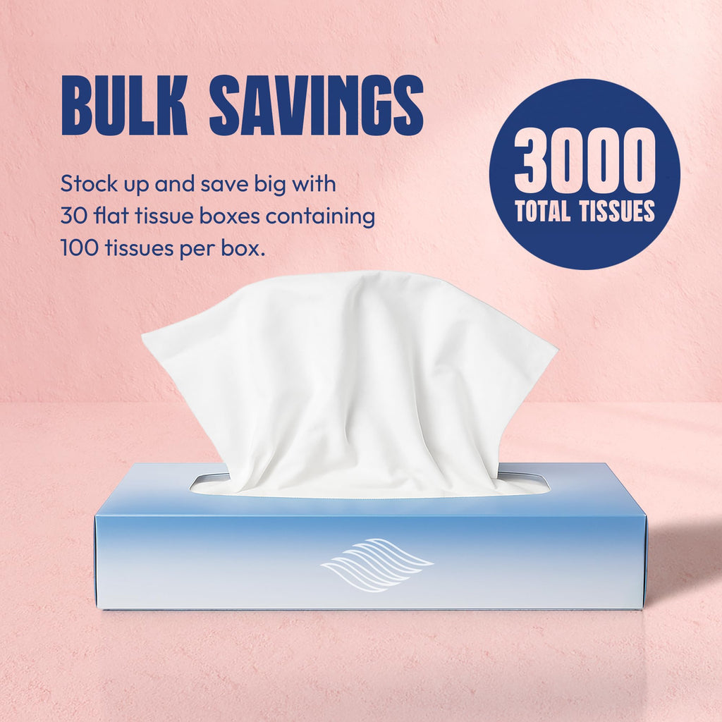 Bulk Tissues, 30 Flat Boxes, 100 Sheets/Box, 3000 Facial Tissues Total, 2-Ply, Soft, White, for Office, Business & Home, Commercial Flat Box Tissues, Hypoallergenic, Unscented, Packaging May Vary
