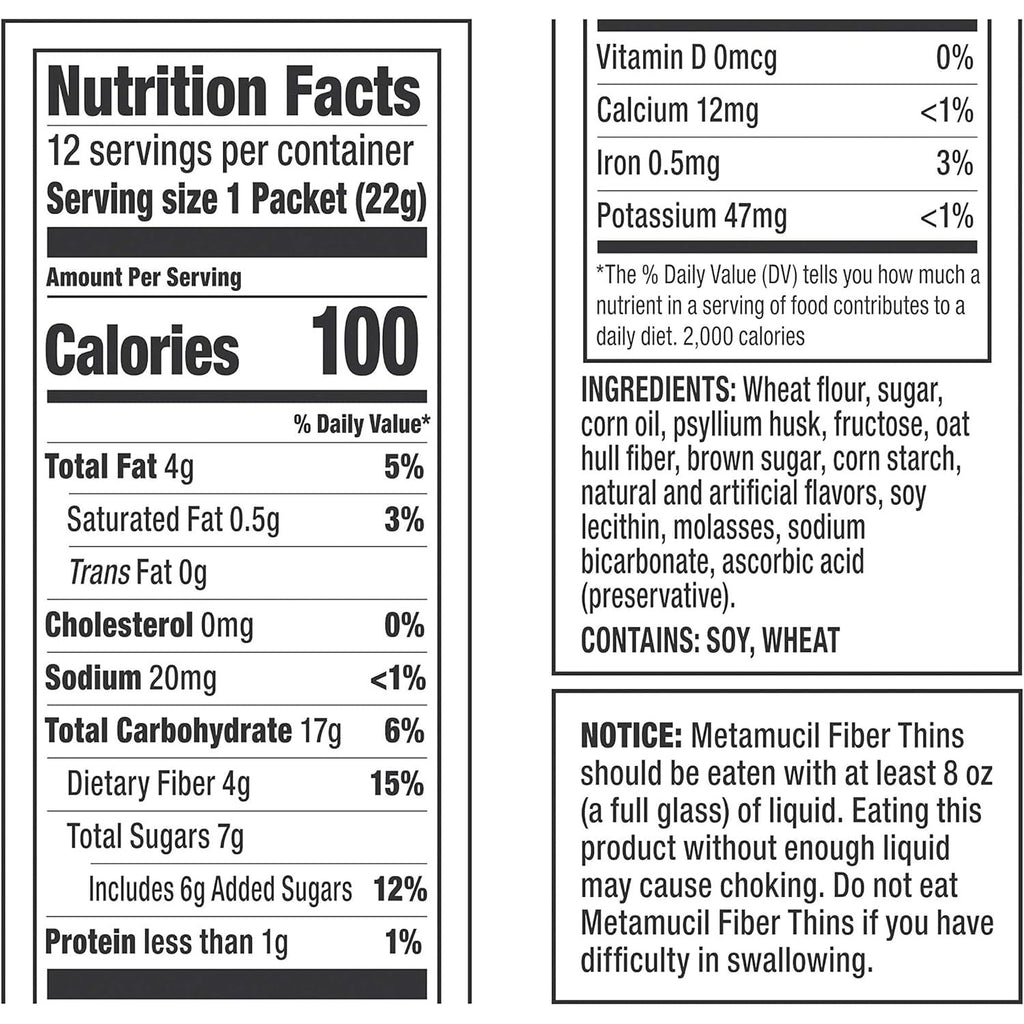 Metamucil, Fiber Thins, Daily Psyllium Husk Fiber Supplement, Supports Digestive Health and Satisfies Hunger, Apple Crisp Flavor, 12 Servings