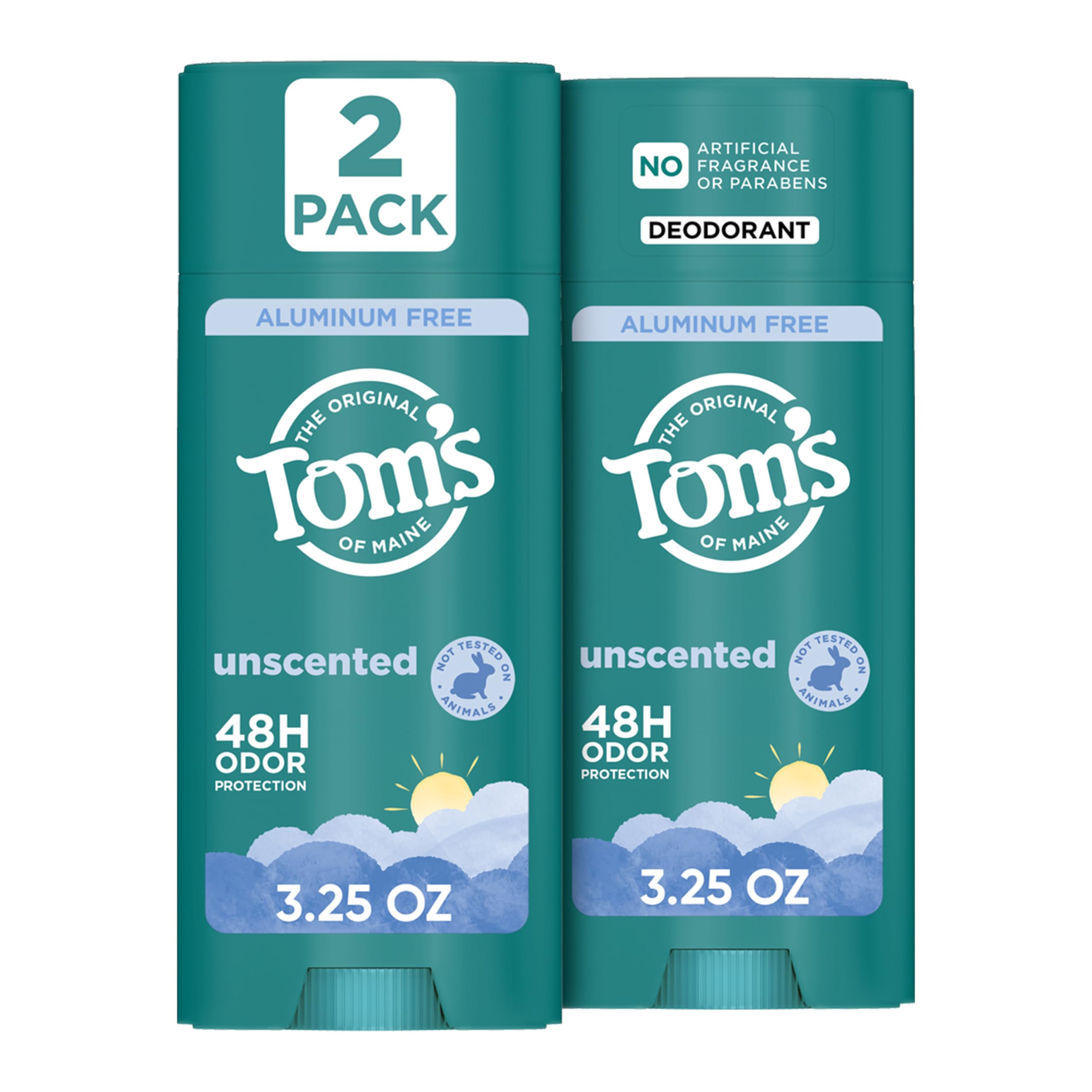 Tom’s of Maine Unsecented Aluminum Free Natural Deodorant, 3.25 oz (2 Pack) | No Artificial Fragrances, Dyes, or Preservatives, Baking Soda Free, 48-Hour Odor Protection
