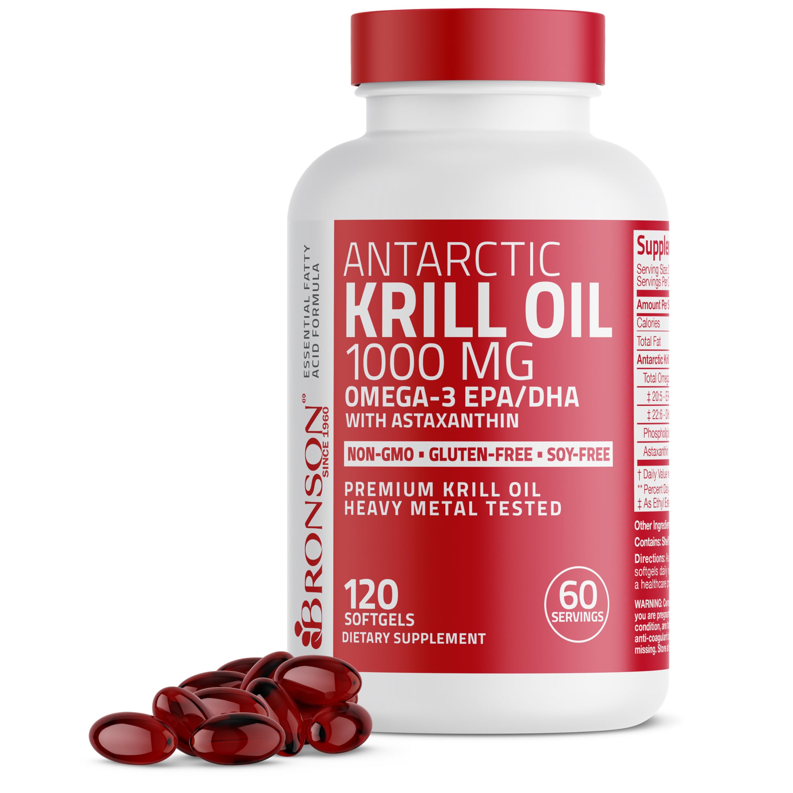 Bronson Antarctic Krill Oil 1000 mg with Omega-3s, 180 Softgels | Heavy Metal Tested, with EPA, DHA, Astaxanthin and Phospholipids, Non-GMO, Gluten Free, Soy Free