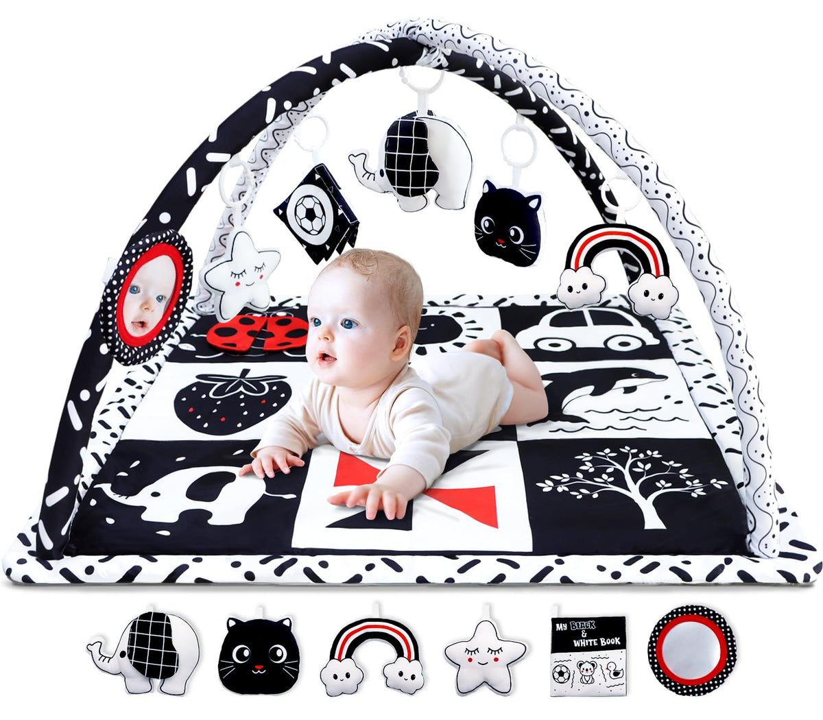Poycuna Black and White Baby Gym Play Mat with 6 Toys Tummy Time Activity Mat for Babies 0-6 6-12 Months High Contrast Baby Gyms & Playmats Sensory Toys Newborn Brain Development Infant Play Mat