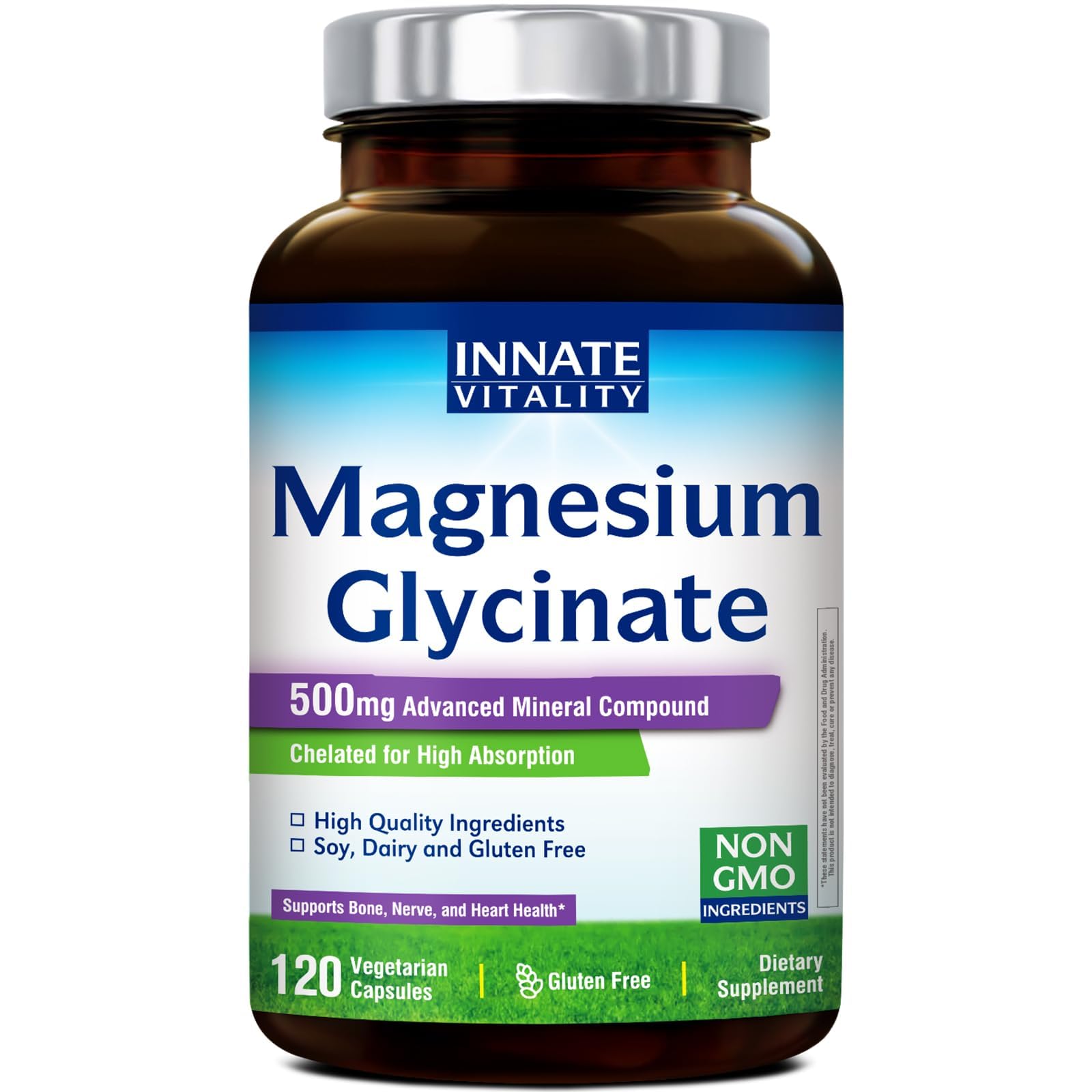 Innate Vitality Magnesium Glycinate 500mg | 70mg Elemental Magnesium Supplement - High Absorption, Non Buffered, Non-GMO & No Gluten - Vegan - Nerve Health - 60 Capsules (Pack of 1)