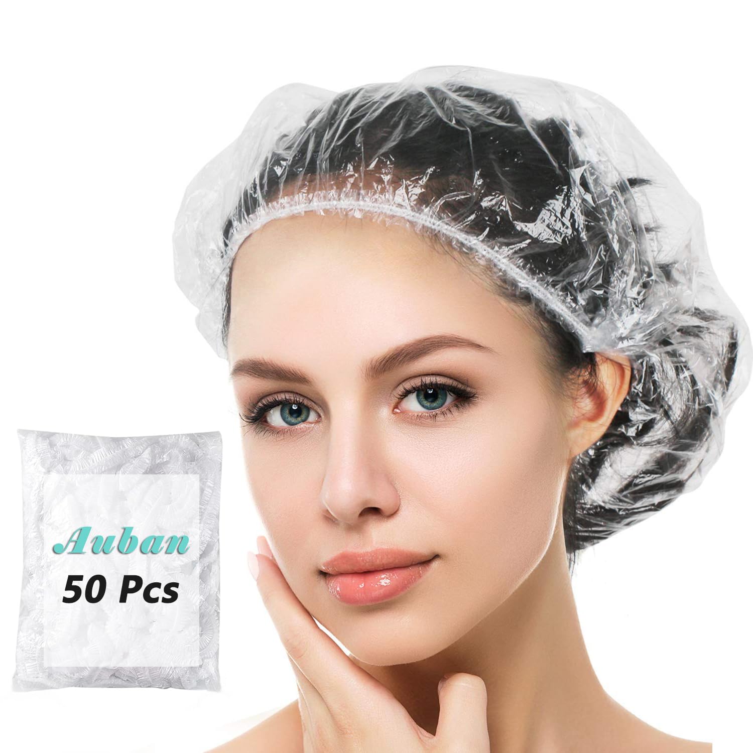 Auban 50 PCS Shower Cap Disposable,Bath Caps Larger Thick Clear Waterproof Plastic Elastic Hair Bath Caps For Women Hotel Travel Essentials Accessories Deep Conditioning Hair Care(19.3")