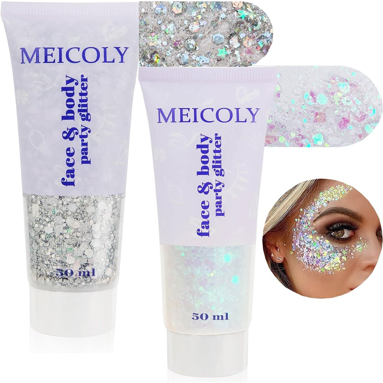 Buy now MEICOLY Pink and Clear White Face Body Glitter Set,Pink Face Glitter Gel,Singer Concerts Festival Rave Accessories,Glitter Face Paint for Women Kids,Mermaid Glitter Makeup,Body Glitter for Women white and silver face glitter at indiglob india