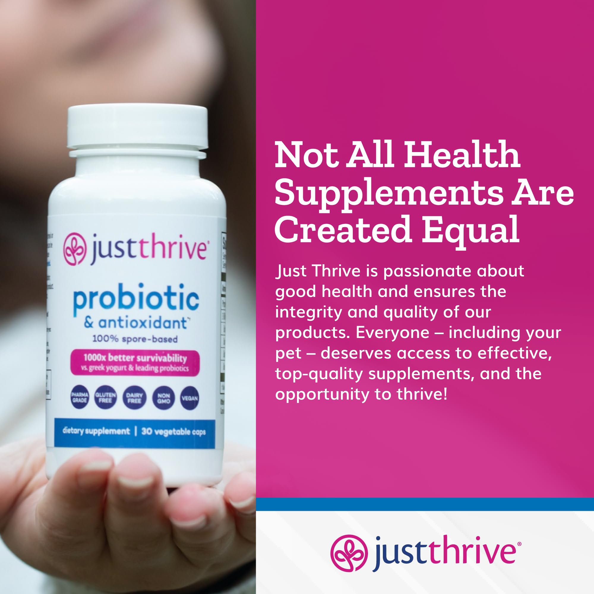 Just Thrive Probiotic & Antioxidant 100% Spore-Based Digestive Support | 30 capsules, 100% spore-based probiotic and antioxidant formula, Gluten free, Supports digestive and immune health