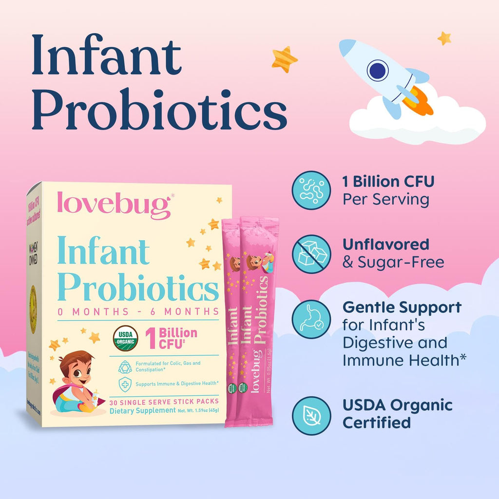 LOVEBUG Infant Probiotics 0-6 Months - USDA Organic Probiotics for Babies, Supports Baby Gas, Colic, Reflux, Diarrhea and Newborn Constipation Relief, Allergen & Sugar Free, Tasteless Powder, 30 Pack