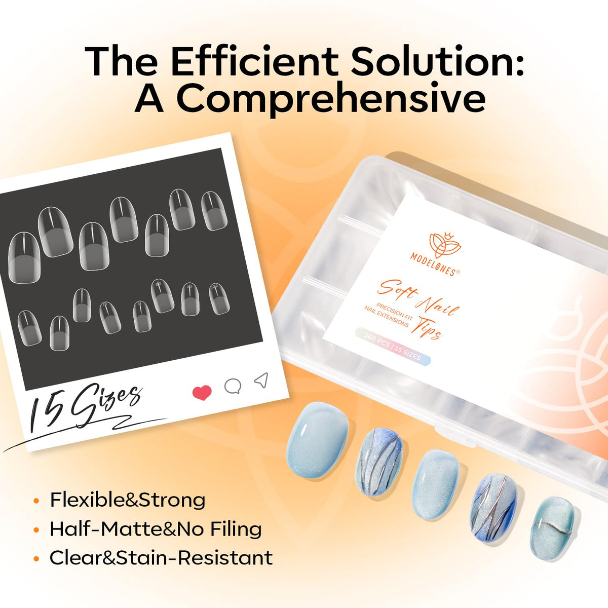 360pcs of short almond nail tips in 15 sizes, flexible, strong, and stain-resistant. Order online for quick delivery.