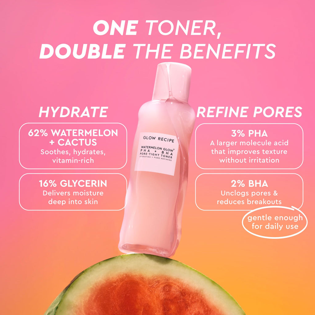 Glow Recipe PHA + BHA Face Toner, Korean Exfoliating Toner for Pores, Gentle Chemical Exfoliant + Hydrating Toner, Watermelon, Cactus Water + Glycerin (150ml)