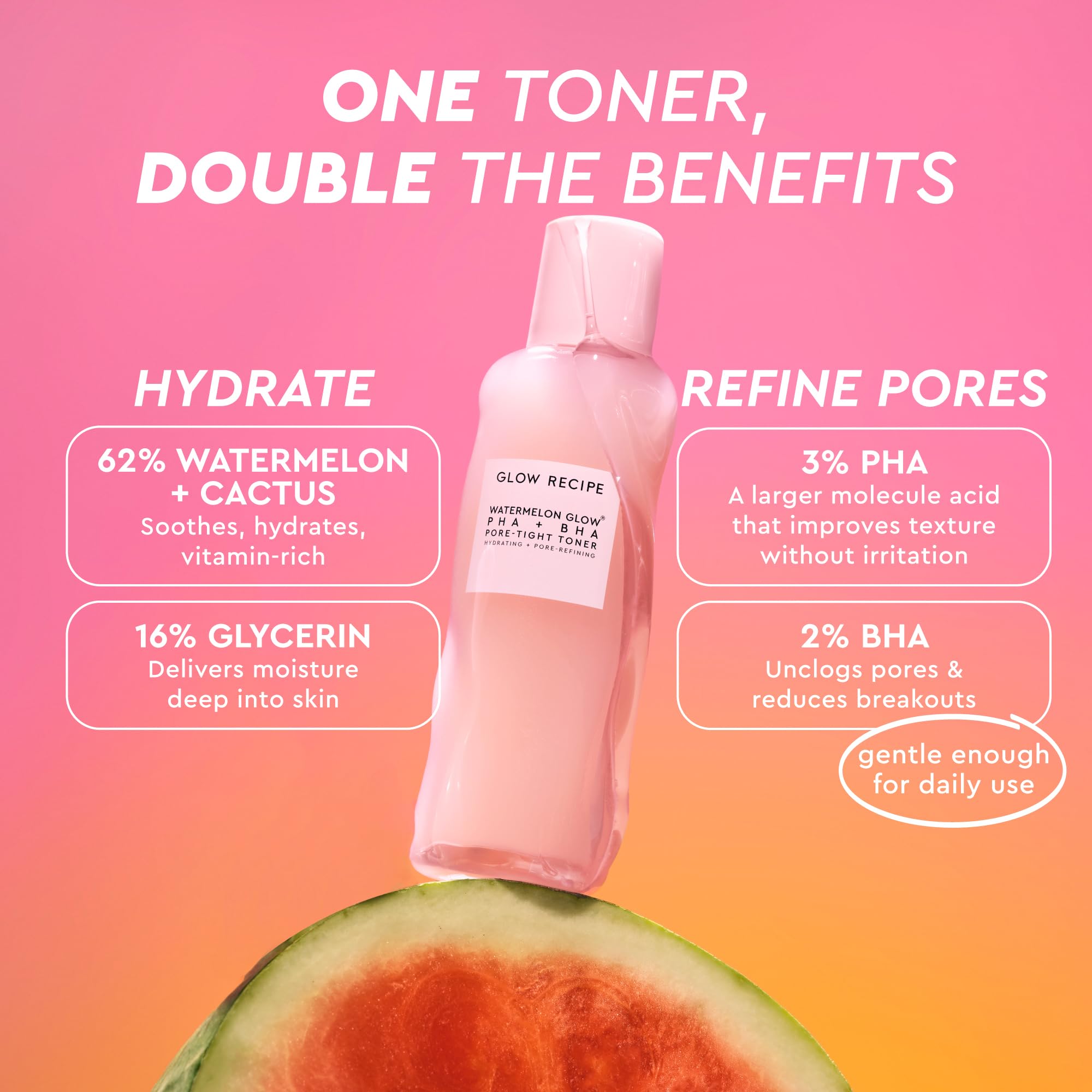 Glow Recipe PHA + BHA Face Toner, Korean Exfoliating Toner for Pores, Gentle Chemical Exfoliant + Hydrating Toner, Watermelon, Cactus Water + Glycerin (150ml)
