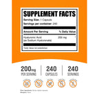 BulkSupplements.com Hyaluronic Acid Capsules - Hyaluronic Acid Supplements, Hyaluronic Acid 200mg - Pure & Gluten Free, 1 Capsule per Serving, 240 Count (Pack of 1)