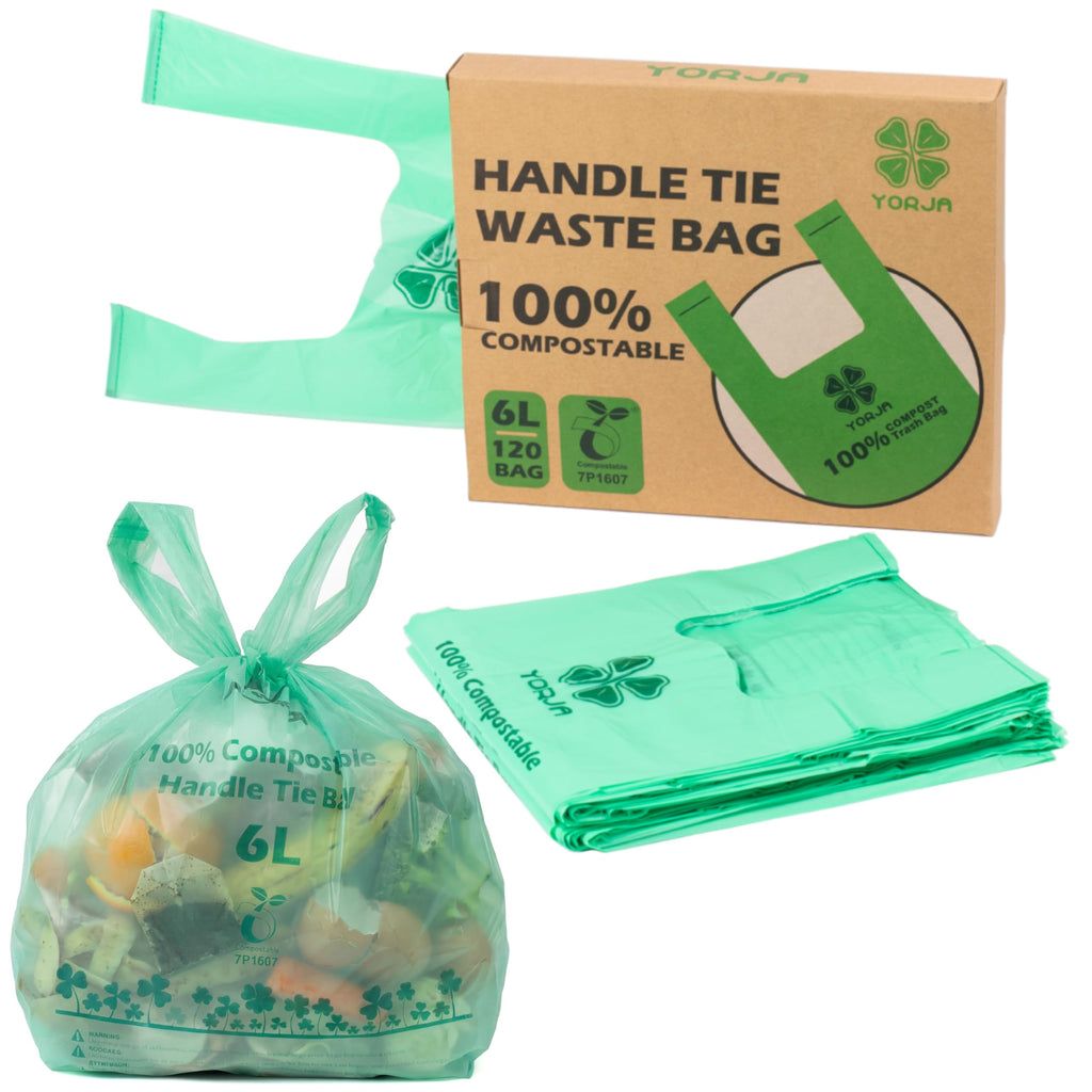 1.6 Gallon Tie Handles Compost Trash Bags 120 Food Scrap Bags, Compostable Kitchen Waste Bags with Europe EN13432 & ASTM D6400 Certified