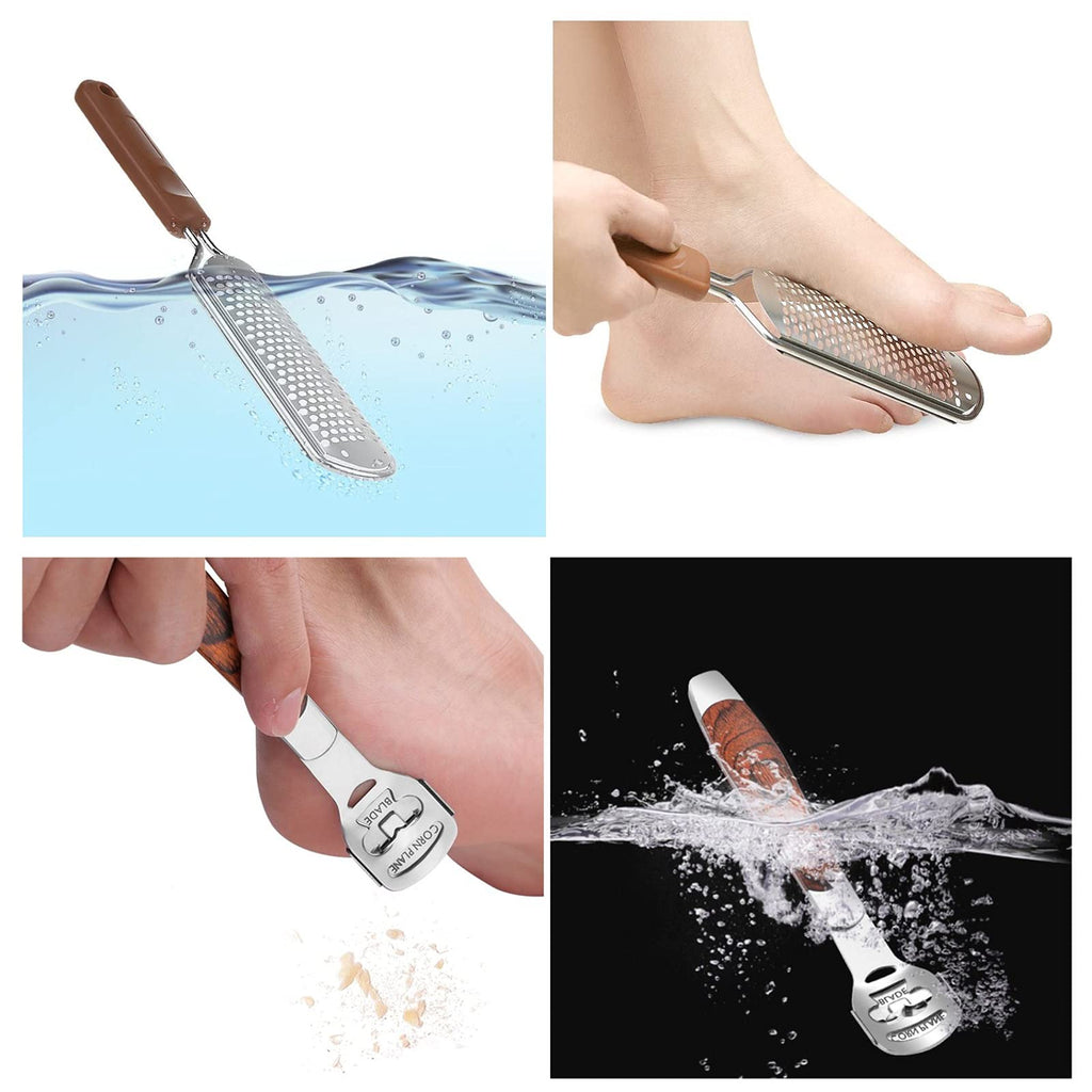 2 Pack Pedicure Kit, Foot File Callus Remover, Heel Scraper for Feet | Stainless Steel Foot Rasp & Wood Handle Callus Shaver (10 Replacements and 1 File Foot Head), Callus Remover for Feet