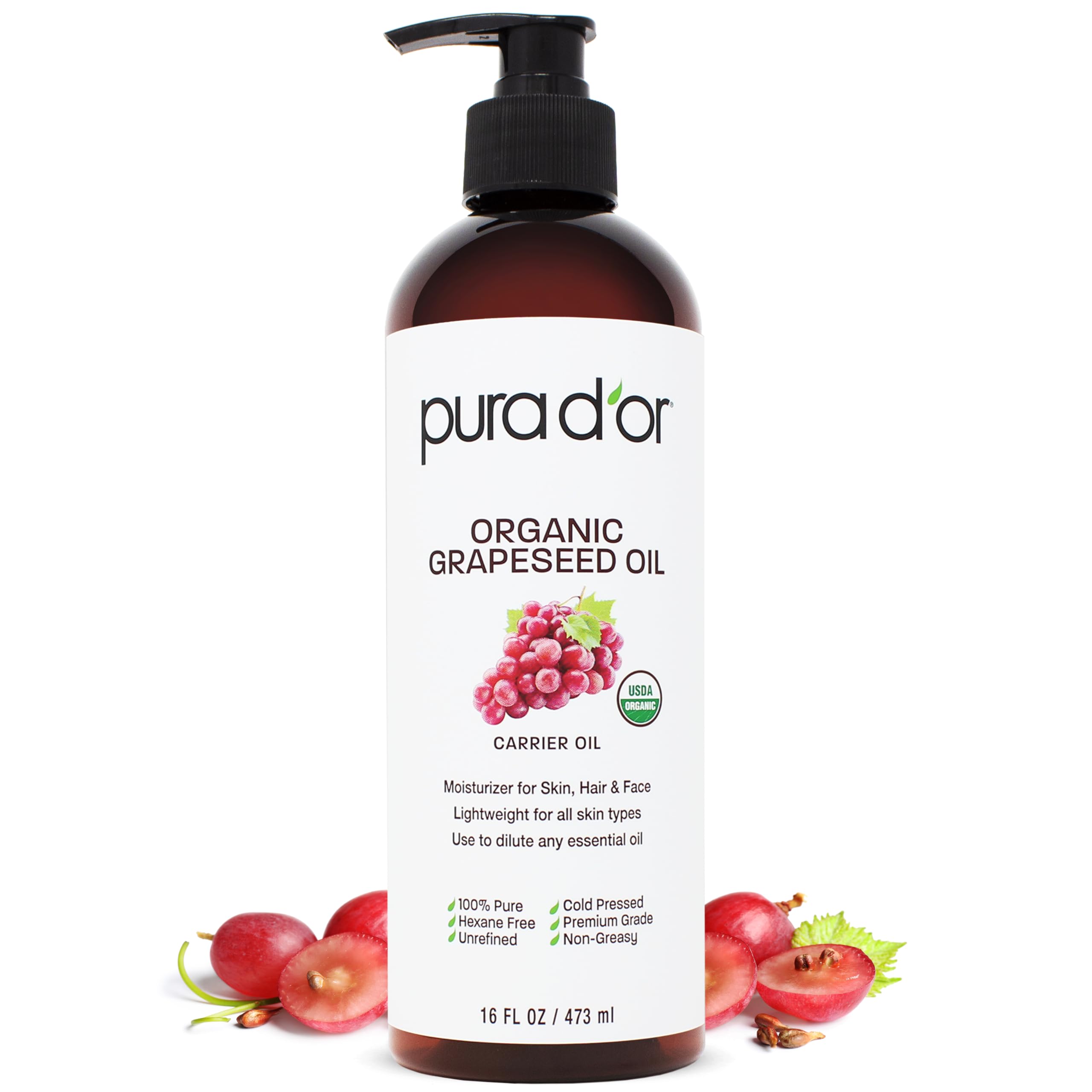 PURA D'OR ORGANIC Fractionated Coconut Oil MCT Skin Hair Massage, 16oz