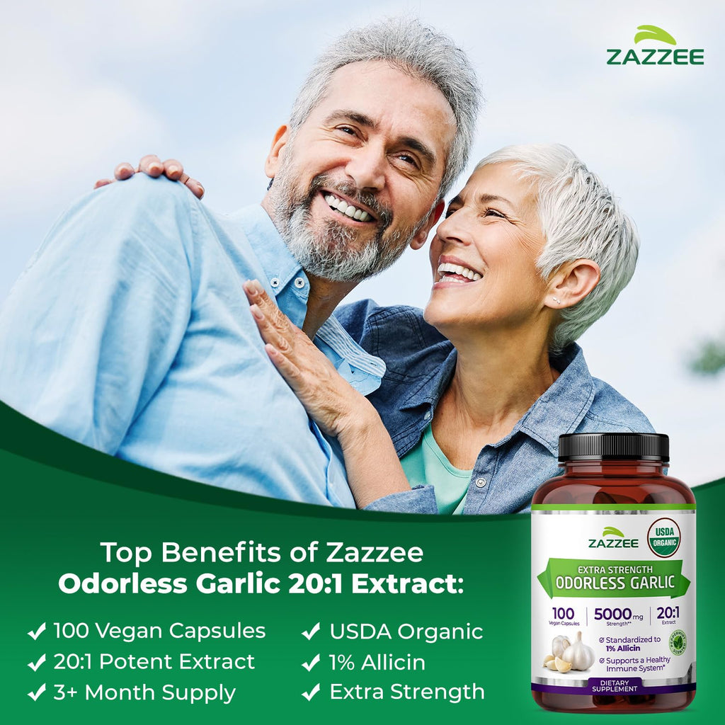 Zazzee USDA Organic Odorless Garlic 20:1 Extract, 1% Allicin, 100 Capsules | Vegan, 3+ Month Supply, Allium Sativum, Immune, Circulation & Heart Health Support, All-Natural, Non-GMO, Made in the USA
